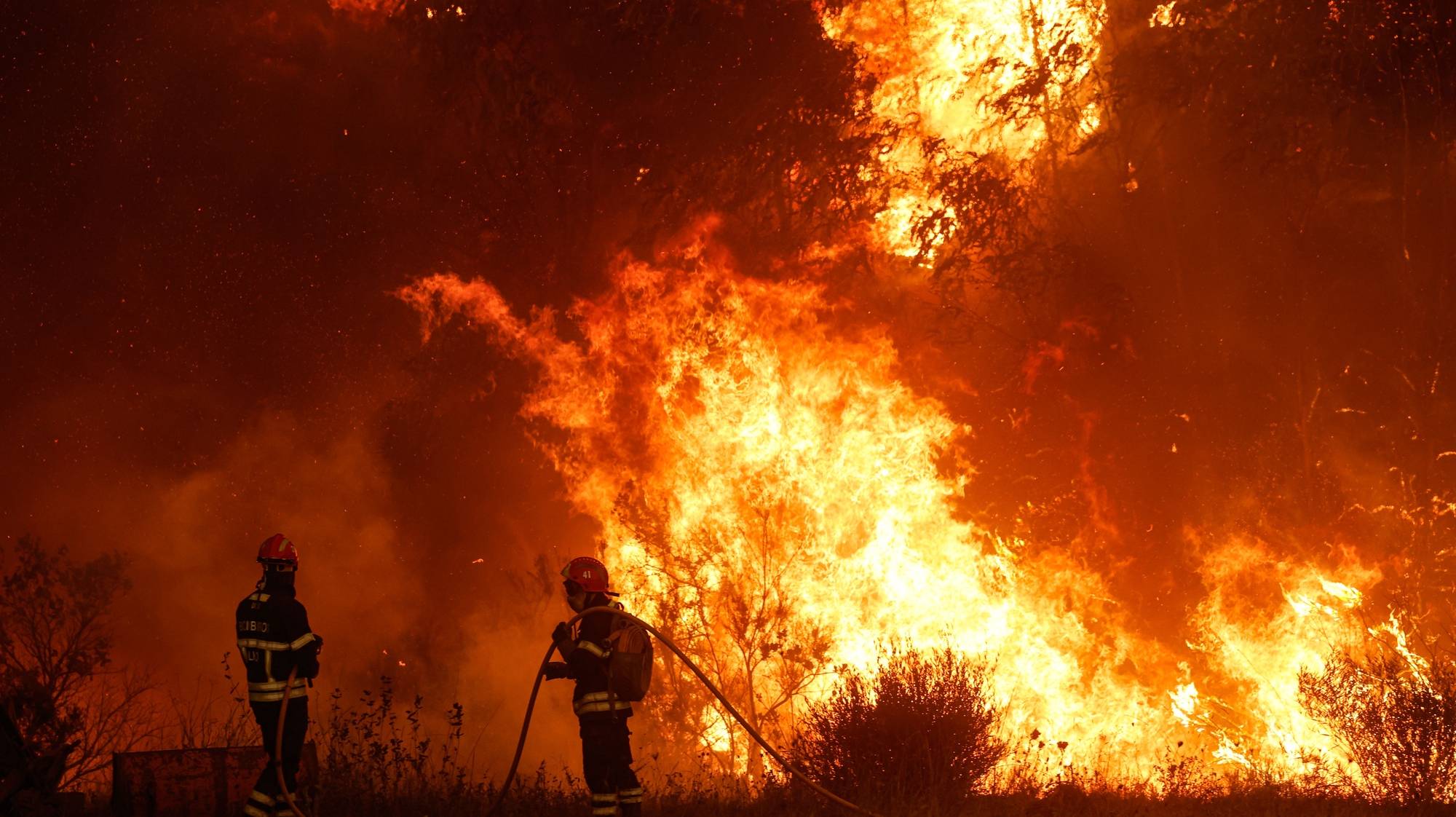 Bombeiros combatem o fogo, na zona de Aljezur, concelho de Odemira. Estão no combate às chamas 633 operacionais, apoiados por 206 viaturas terrestres e 10 meios aéreos. O incêndio, que deflagrou na zona de Baiona, na freguesia de São Teotónio, a meio da tarde de sábado, já obrigou a evacuar quatro locais no concelho de Odemira (Vale dos Alhos, Vale de Água, Choça dos Vales e Relva Grande) e uma unidade de turismo rural, num total de mais de 100 pessoas retiradas, 07 de agosto de 2023. LUÍS FORRA/LUSA