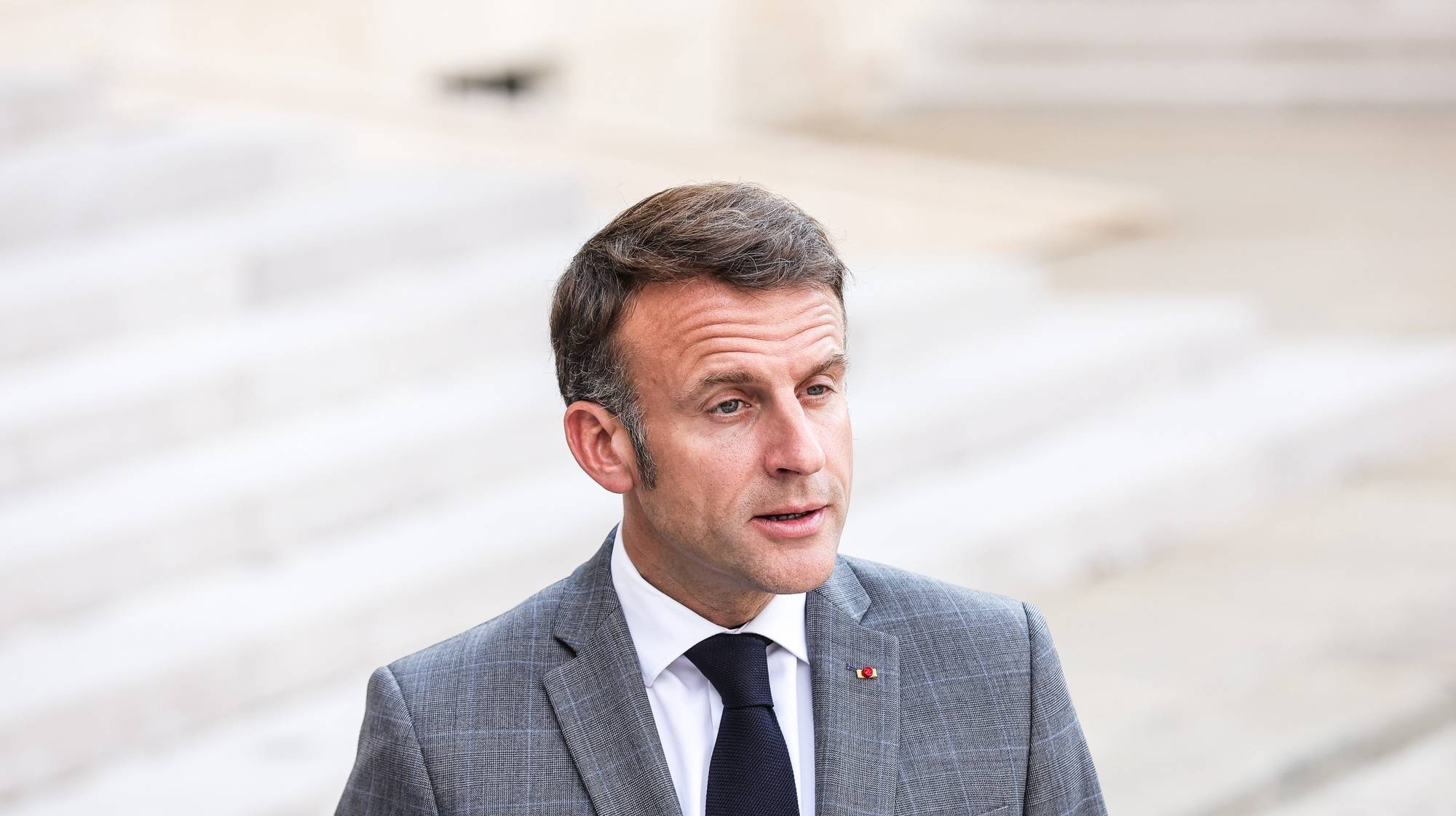 epa11434671 French President Emmanuel Macron speaks next to NATO Secretary General Jens Stoltenberg, during their joint press conference at the Elysee Palace in Paris, France, 24 June 2024.  EPA/Teresa Suarez