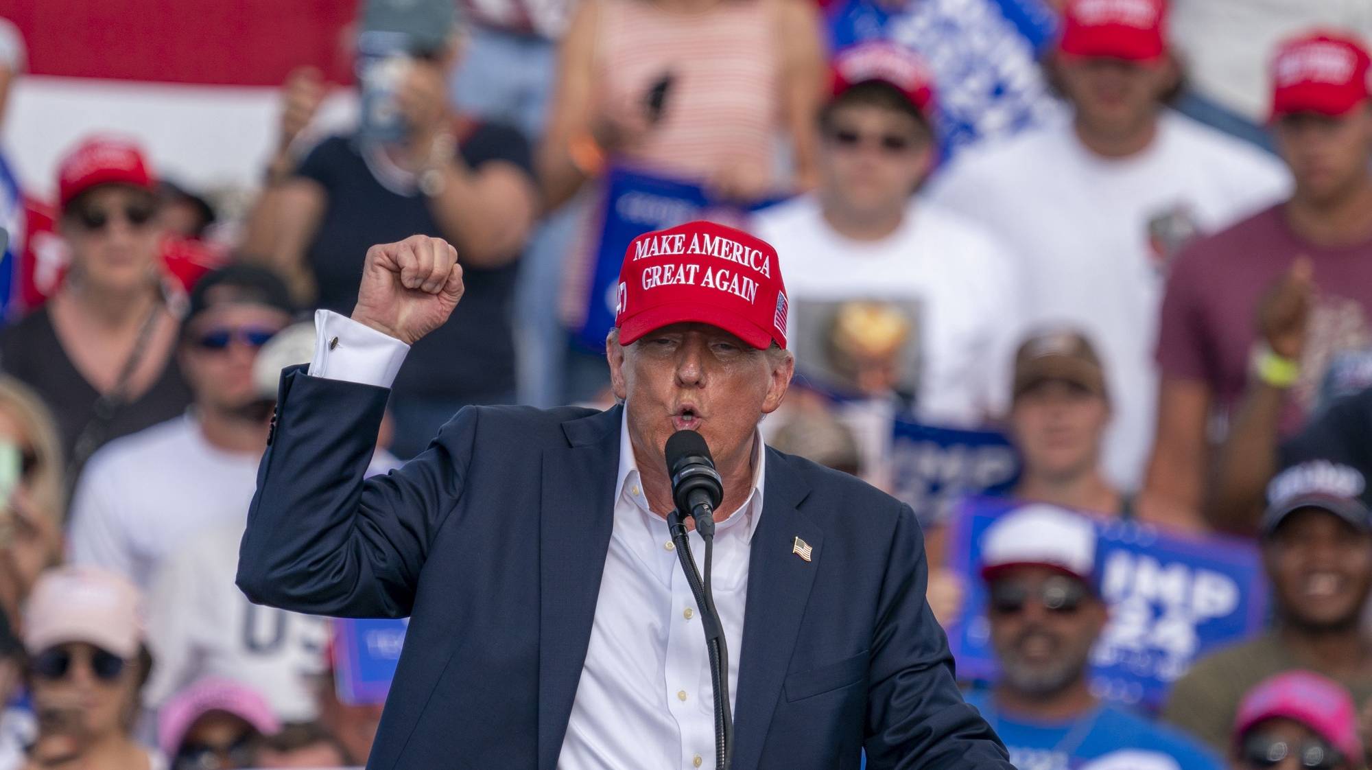 epa11443905 Former US President Donald J. Trump delivers remarks during a campaign rally at the Greenbriar Farms in Chesapeake, Virginia, USA, 28 June 2024. This is former President Trump&#039;s first rally following last night&#039;s Presidential debate in Atlanta.  EPA/SHAWN THEW