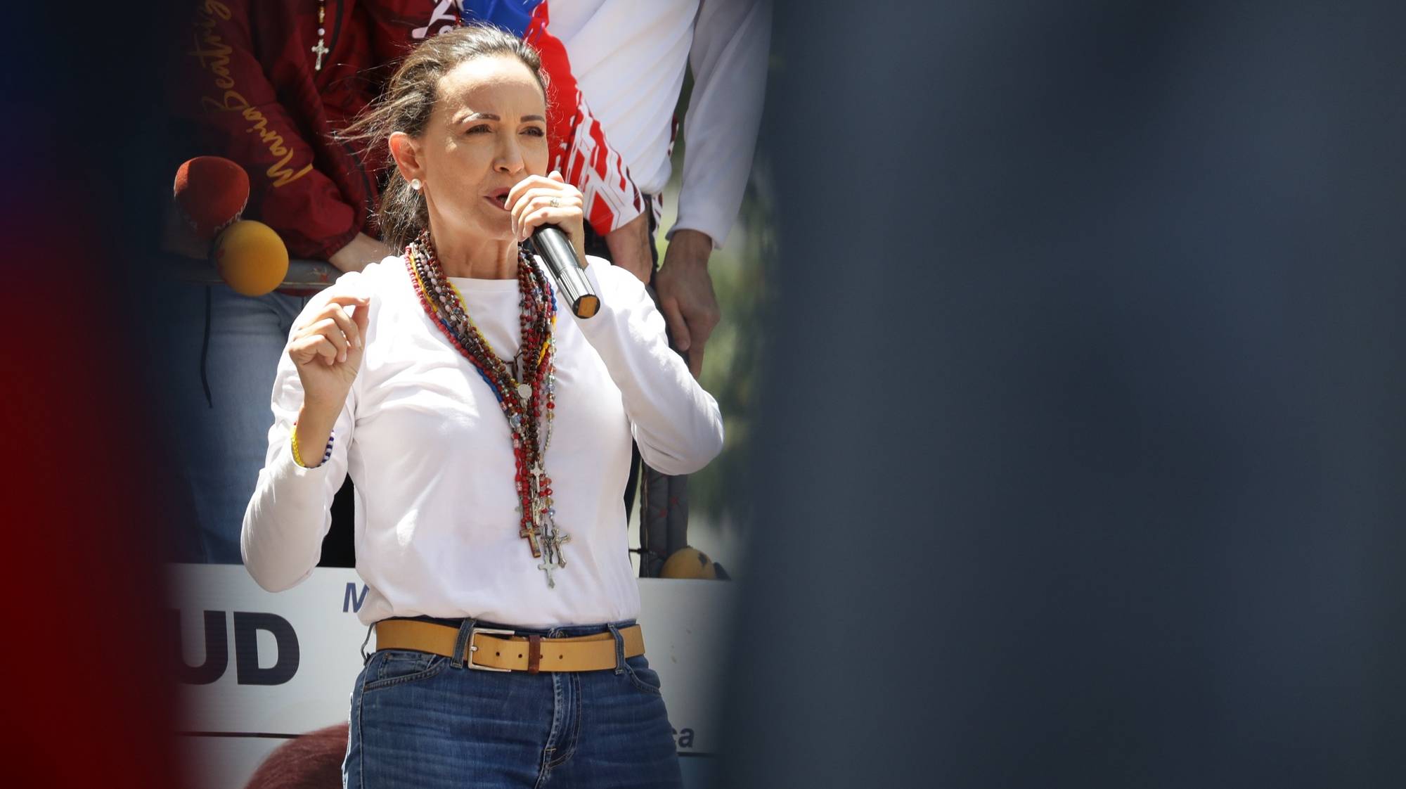 epa11523433 Venezuelan opposition leader Maria Corina Machado speaks at a protest against the official results of the 28 July presidential elections in Caracas, Venezuela, 03 August 2024. The Venezuelan National Electoral Council (CNE) on 02 August 2024 proclaimed Nicolas Maduro as re-elected president of Venezuela.  EPA/RONALD PENA R.