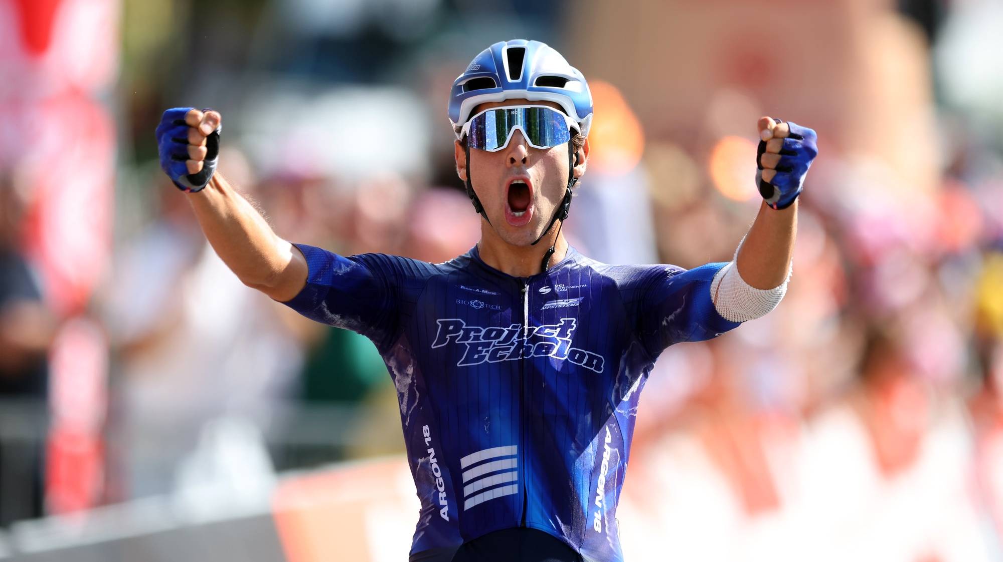 American rider Hugo Scala Jr. (Echelon Racing) celebrates after winning the 5nd stage of the 85rd Portugal Cycling Tour over 176,8 Km, between Penedono and Braganca, Portugal, 30 July 2024. NUNO VEIGA/LUSA