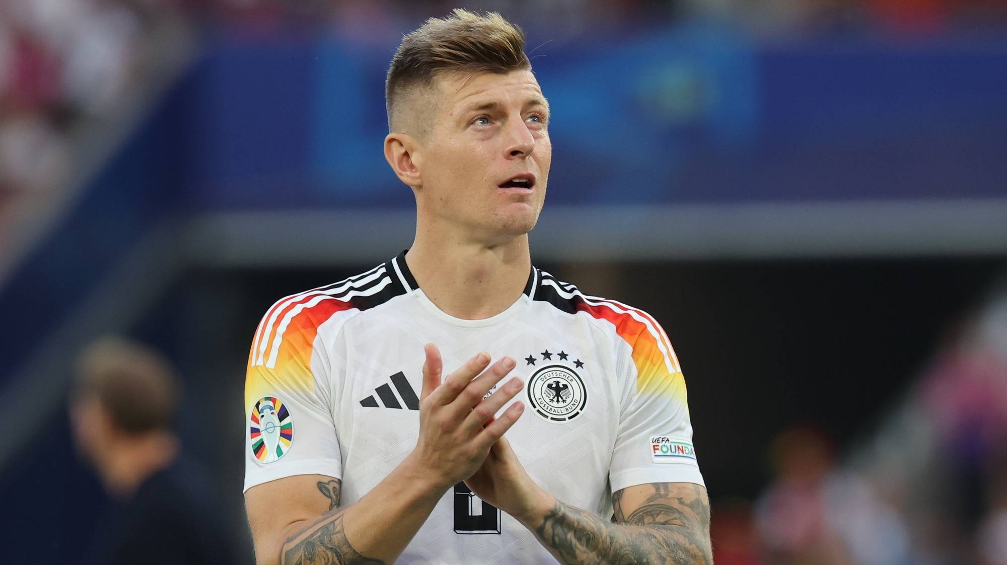 epaselect epa11460468 Toni Kroos of Germany reacts after the UEFA EURO 2024 quarter-finals soccer match between Spain and Germany, in Stuttgart, Germany, 05 July 2024.  EPA/MOHAMED MESSARA