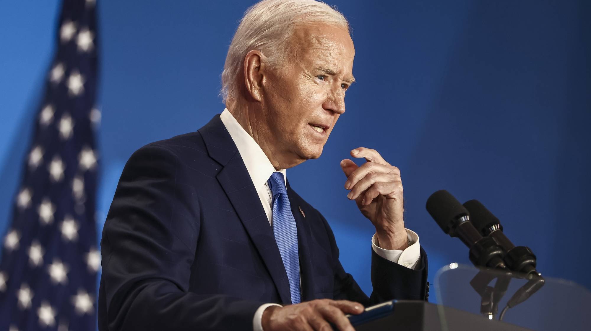 epa11473513 US President Joe Biden speaks during a press conference on the sidelines of the 75th Anniversary of the North Atlantic Treaty Organization (NATO) Summit at the Walter E. Washington Convention Center in Washington, DC, USA, 10 July 2024. President Biden is under increasing pressure from Democrats to step aside as the party’s presidential candidate.  EPA/JIM LO SCALZO