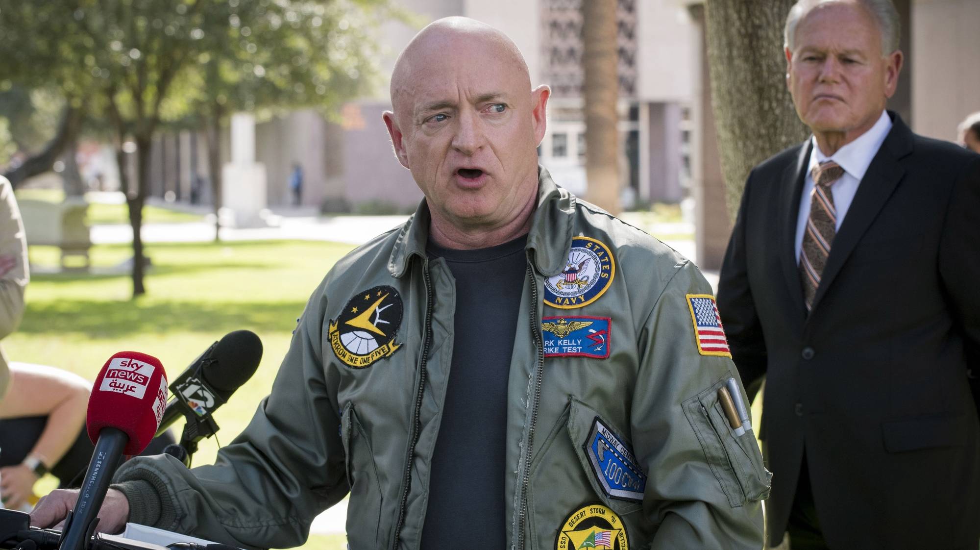 epa10292929 Democratic Senator Mark Kelly, speaks after receiving an endorsement from a prominent group of Arizona Republican leaders, in front of the Arizona State Capital, in Phoenix, Arizona, 07 November 2022. Kelly is in a close race with Republican Blake Masters who is supported by Donald Trump. 
The US midterm elections are held every four years at the midpoint of each presidential term and this year include elections for all 435 seats in the House of Representatives, 35 of the 100 seats in the Senate and 36 of the 50 state governors as well as numerous other local seats and ballot issues.  EPA/Rick D&#039;Elia