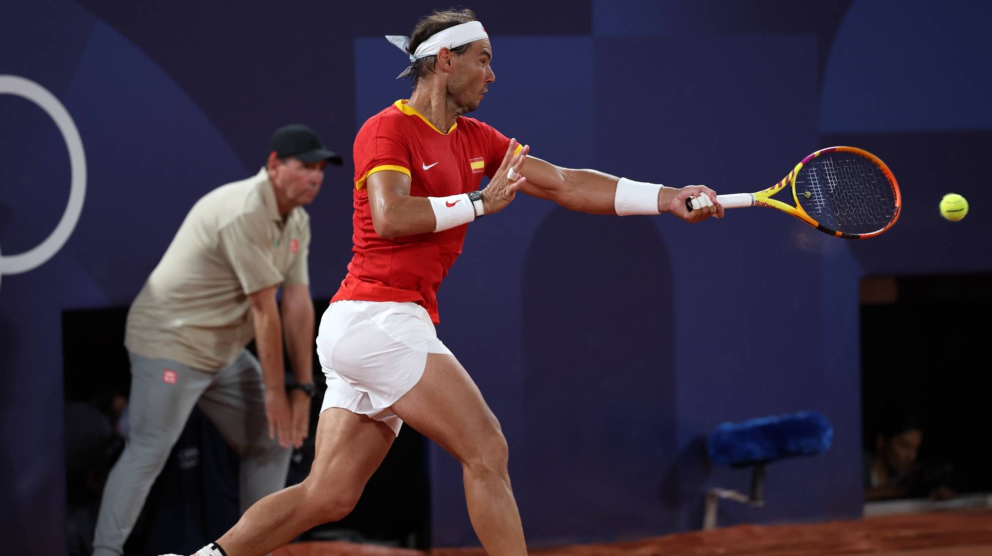 epa11513281 Rafael Nadal of Spain in action during the Men&#039;s Doubles Quarter-final match with teammate Carlos Alcaraz against Austin Krajicek and Rajeev Ram of the US at the Tennis competitions in the Paris 2024 Olympic Games, at the Roland Garros in Paris, France, 31 July 2024.  EPA/DANIEL IRUNGU