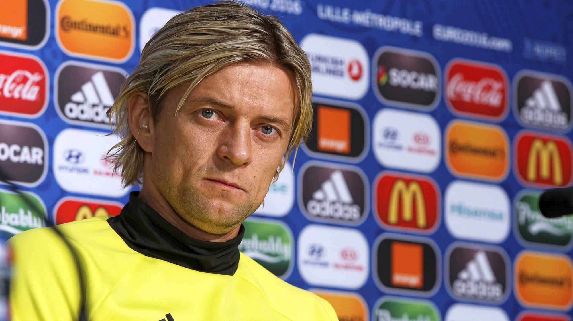 epa05358461 Ukraine&#039;s Anatoliy Tymoshchuk attends a press conference at Stade Pierre Mauroy in Lille Metropole, France, 11 June 2016. Ukraine will face Germany in the UEFA EURO 2016 Group C preliminary round match in Lille on 12 June 2016.  EPA/UEFA (Handout photo provided by UEFA. Only editorial use relating to the event described is permitted. Photo may be distributed to third parties to use for the same purpose provided that no charge is made) HANDOUT EDITORIAL USE ONLY/NO SALES/NO ARCHIVES