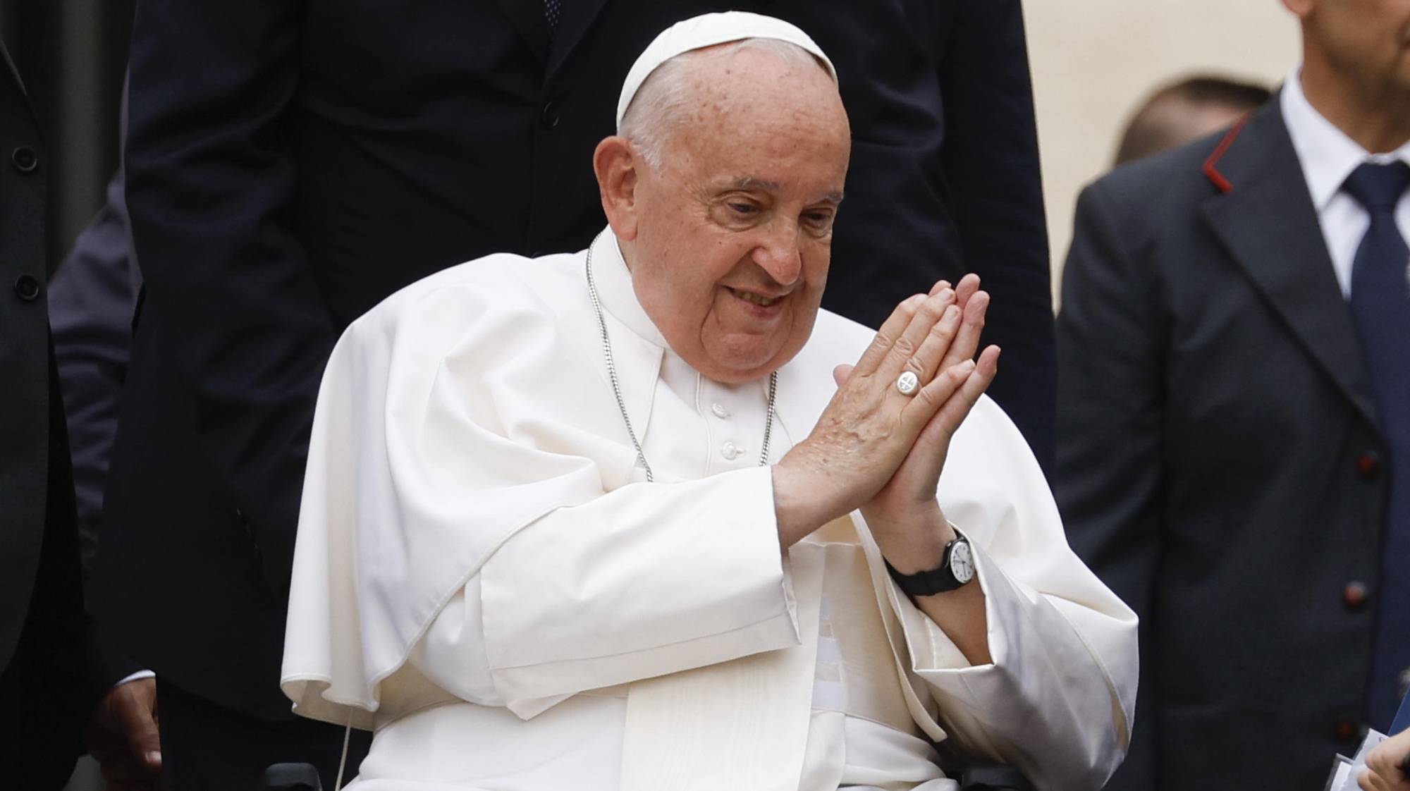 epa11421762 Pope Francis gestures during his weekly general audience in Saint Peter&#039;s Square, Vatican City, 19 June 2024.  EPA/FABIO FRUSTACI