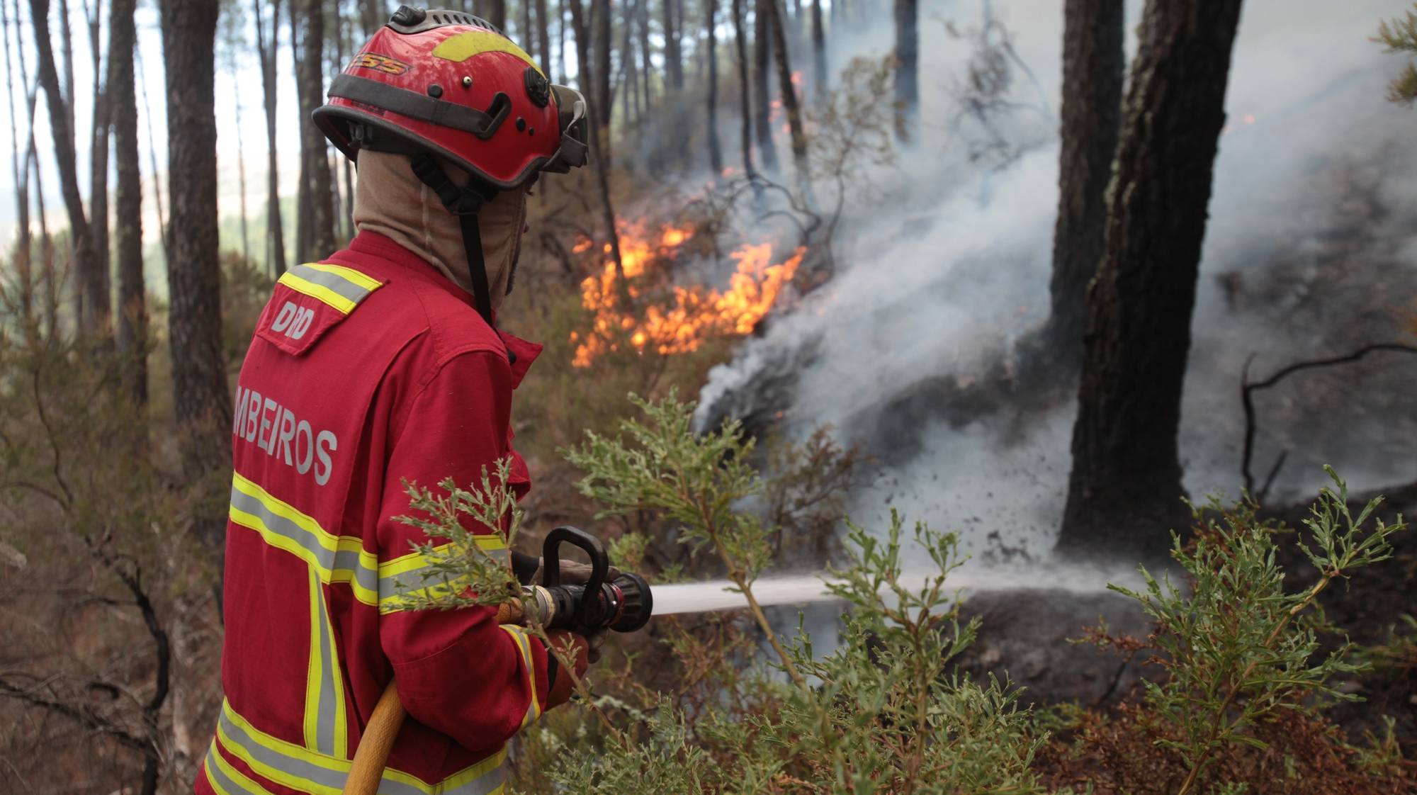 Um bombeiro combate as chamas durante um incêndio no vale glaciar de Beijames, Covilhã, 9 de agosto de 2022. Este incêndio que deflagrou no sábado na localidade de Garrocho, no concelho da Covilhã (Castelo Branco), continua ativoestá a ser combatido por mais de 580 operacionais. MIGUEL PEREIRA DA SILVA/LUSA