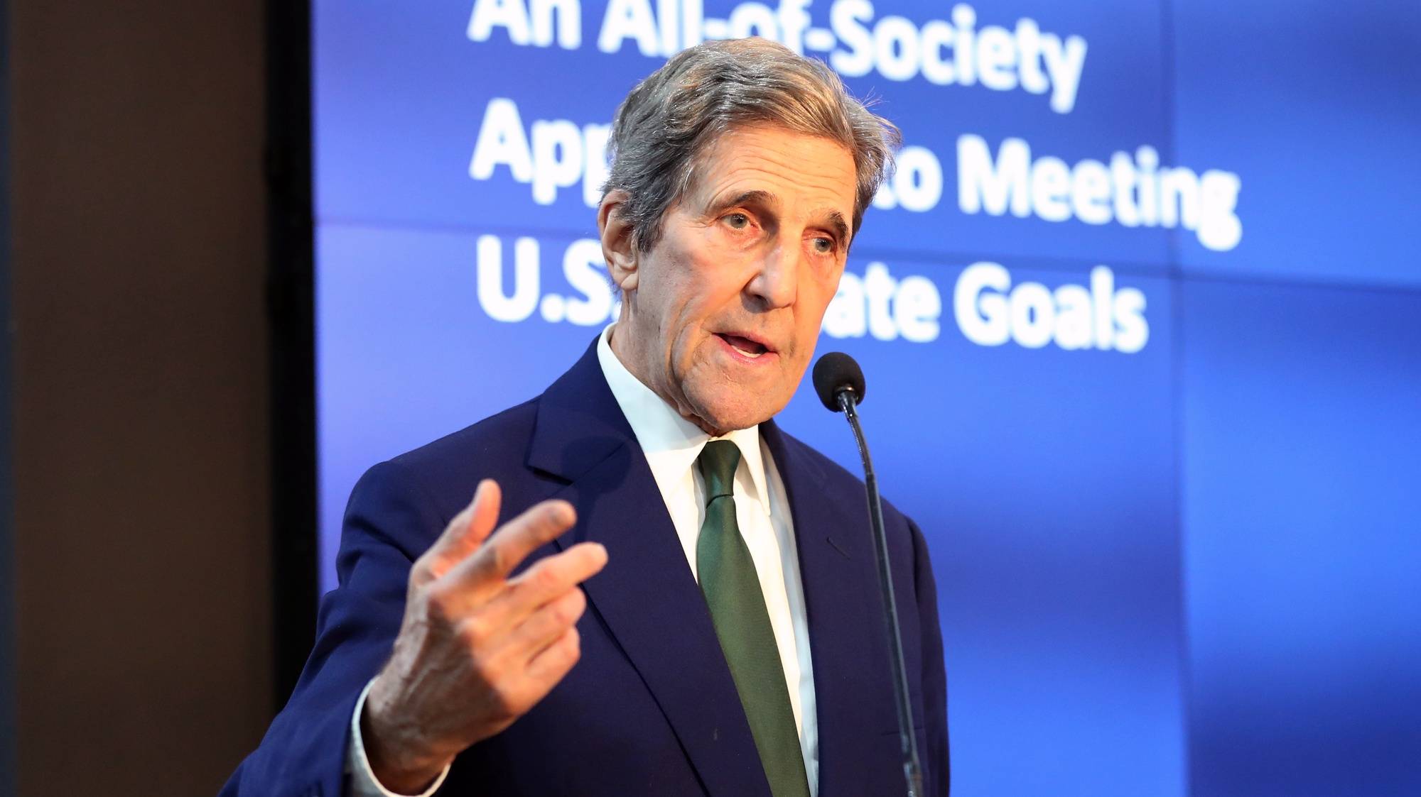 epa10293389 U.S. Special Presidential Envoy for Climate John Kerry speaks during the 2022 United Nations Climate Change Conference (COP27),  in Sharm El-Sheikh, Egypt, 08 November 2022. The 2022 United Nations Climate Change Conference (COP27), runs from 06-18 November, and is expected to host one of the largest number of participants in the annual global climate conference as over 40,000 estimated attendees, including heads of states and governments, civil society, media and other relevant stakeholders will attend. The events will include a Climate Implementation Summit, thematic days, flagship initiatives, and Green Zone activities engaging with climate and other global challenges.  EPA/KHALED ELFIQI