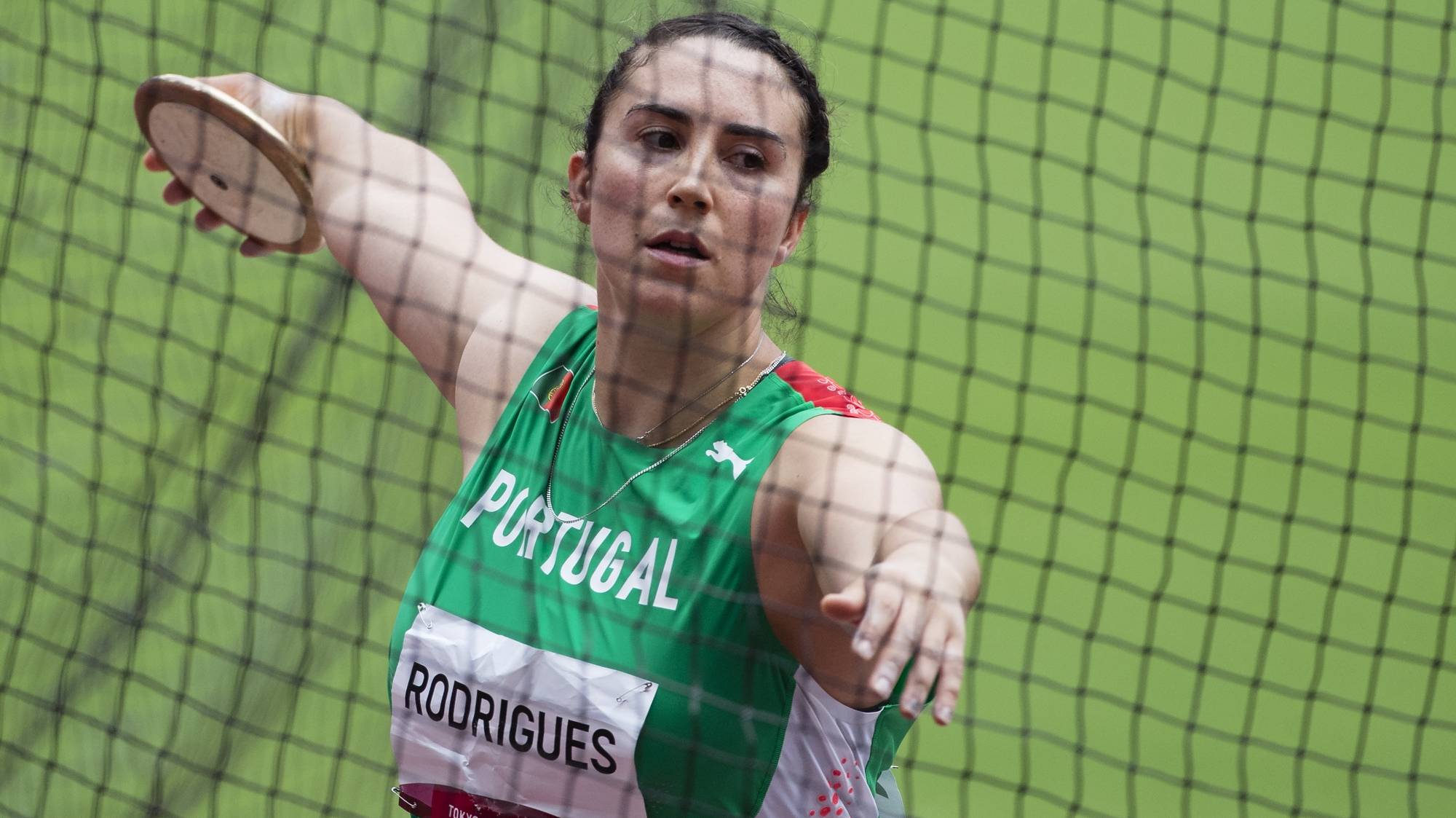 A lançadora portuguesa Irina Rodrigues durante a prova de  qualificação para a final do lançamento do disco dos Jogos Olímpicos Tóquio 2020, Estádio Olímpico, Tóquio, Japão, 31 de julho de 2021. JOSÉ COELHO/LUSA