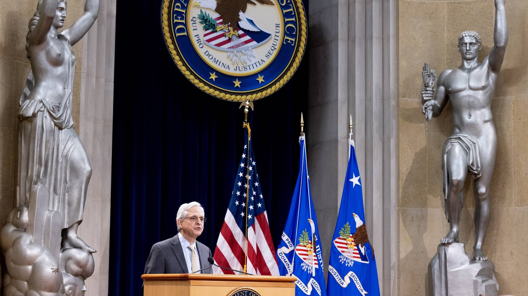 epa10801864 US Attorney General Merrick Garland delivers remarks at the investiture of Director Rosemarie Hidalgo of the Office on Violence Against Women, at the Department of Justice in Washington, DC, USA, 15 August 2023. Hidalgo is the first Latina to lead the Office on Violence Against Women  EPA/MICHAEL REYNOLDS