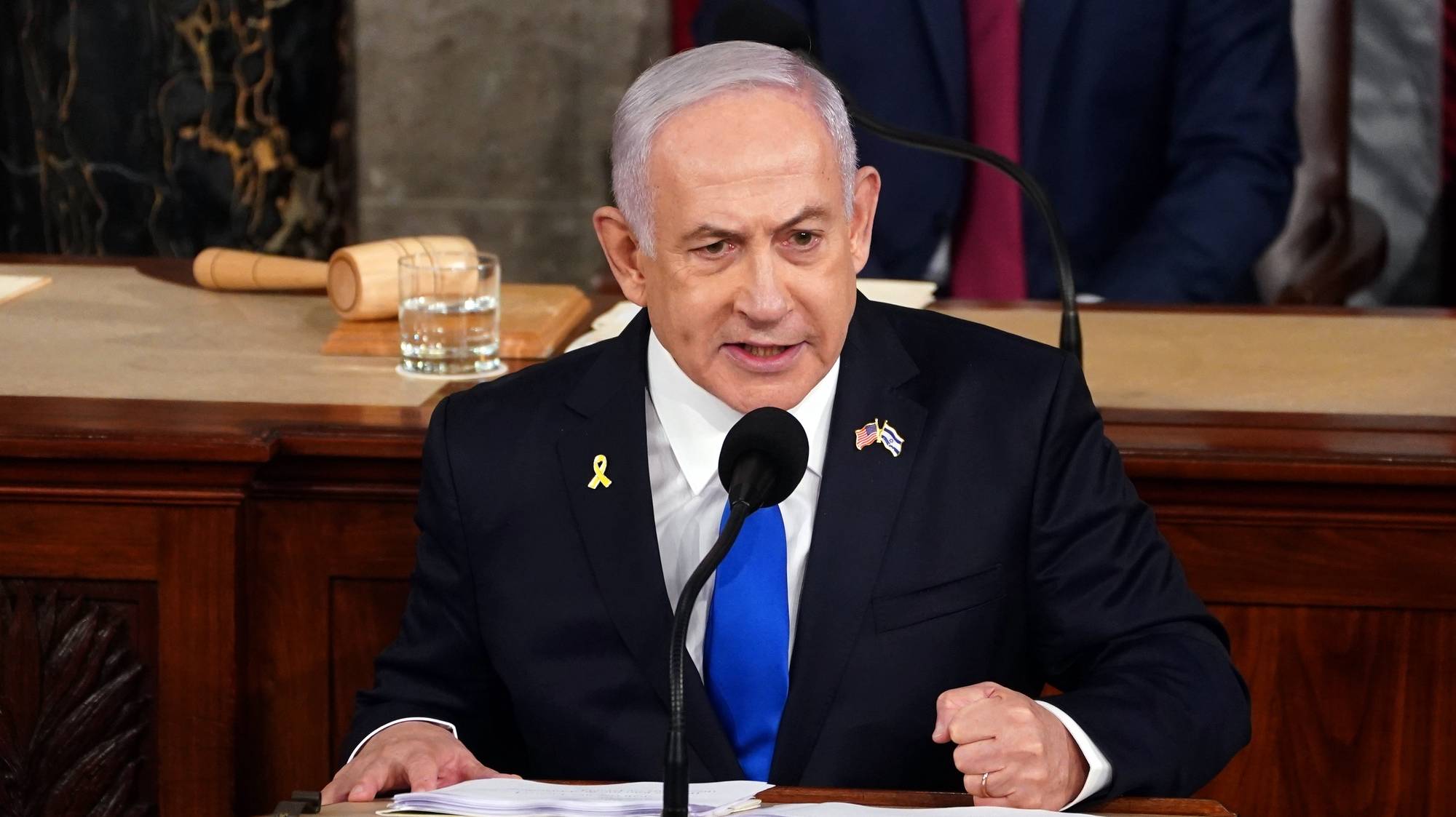 epaselect epa11494581 Prime Minister of Israel Benjamin Netanyahu delivers an address to a joint meeting of Congress in the chamber of the US House of Representatives on Capitol Hill in Washington, DC, USA, 24 July 2024. Netanyahu&#039;s address to a joint meeting of the US Congress comes amid a close 2024 US presidential election cycle. Thousands of pro-Palestinian protesters were expected to gather near the US Capitol when Netanyahu becomes the first leader to address the US Congress four times.  EPA/WILL OLIVER