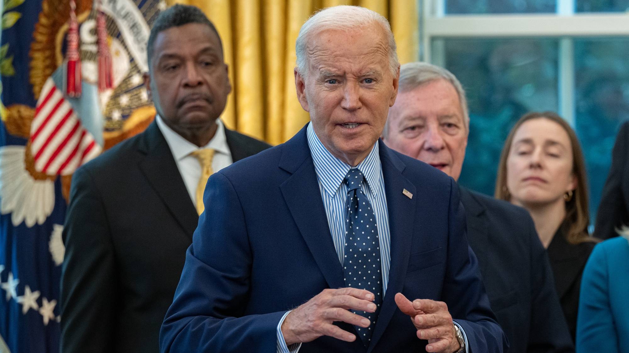 epa11551664 US President Joe Biden (C) speaks to the press about the ceasefire deal progress following an event with civil rights leaders, community members, and elected officials to sign a proclamation to designate the Springfield 1908 Race Riot National Monument in the Oval Office in Washington, D.C., USA, 16 August 2024.  EPA/ANNABELLE GORDON / CNP / POOL