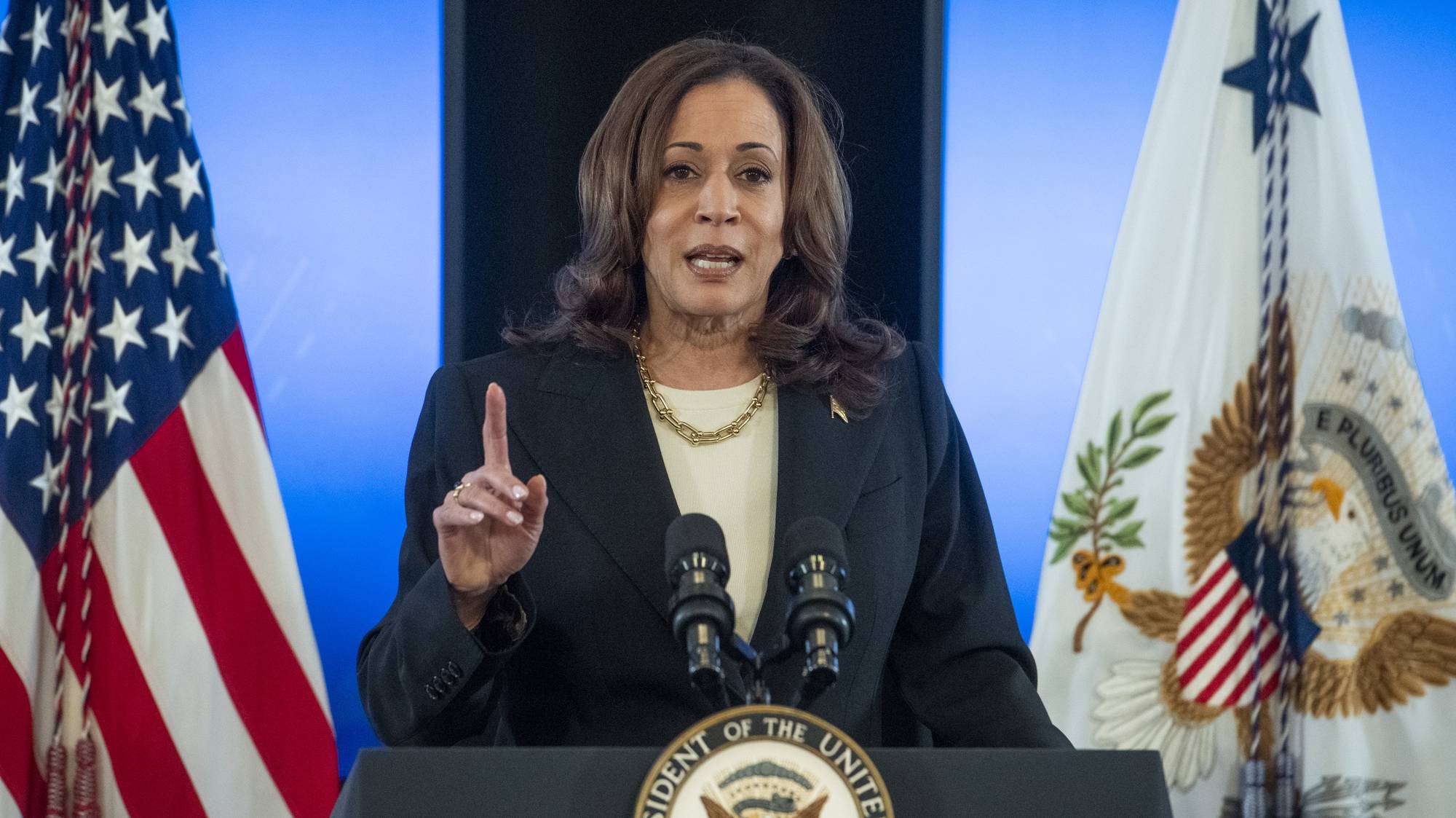 epaselect epa11419023 US Vice President Kamala Harris delivers remarks on conflict-related sexual violence in the Eisenhower Executive Office Building, on the White House campus in Washington, DC, USA, 17 June 2024. Vice President Harris offered her remarks prior to a screening of the documentary film, &#039;Screams Before Silence&#039; on Hamas&#039; sexual violence on 07 October 2023.  EPA/ROD LAMKEY / POOL