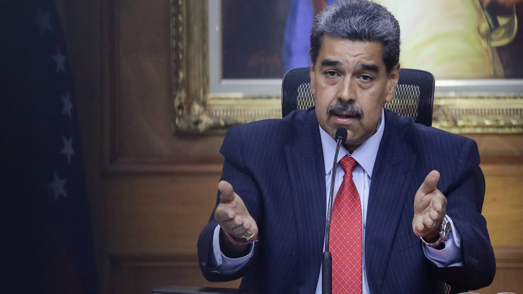 epa11514062 Venezuelan President Nicolas Maduro speaks during a press conference at the Miraflores Palace in Caracas, Venezuela, 31 July 2024. Maduro connected Hector Guerrero Flores, also known as &#039;Nino Guerrero,&#039; the leader of the transnational criminal gang, &#039;Tren de Aragua,&#039; to the recent protests against the 28 July presidential election results. The National Electoral Council (CNE) confirmed Maduro&#039;s reelection, which sparked the demonstrations.  EPA/RONALD PENA R.