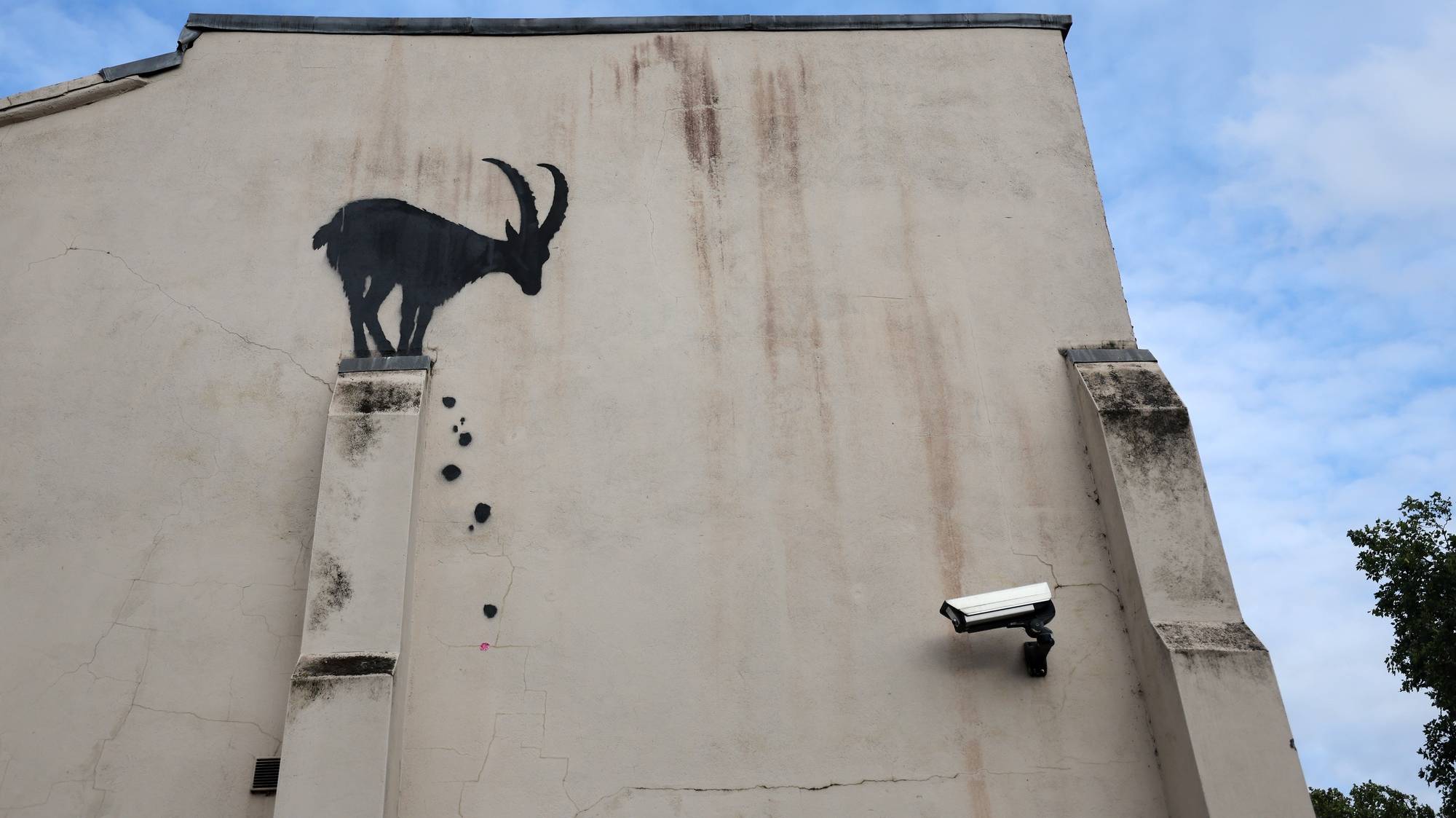 epa11528502 A new artwork depicting a goat by British anonymous street artist Banksy on the side of a home in Kew, south west London, Britain, 05 August 2024. Banksy posted a picture of the artwork on his his social media account.  EPA/ANDY RAIN