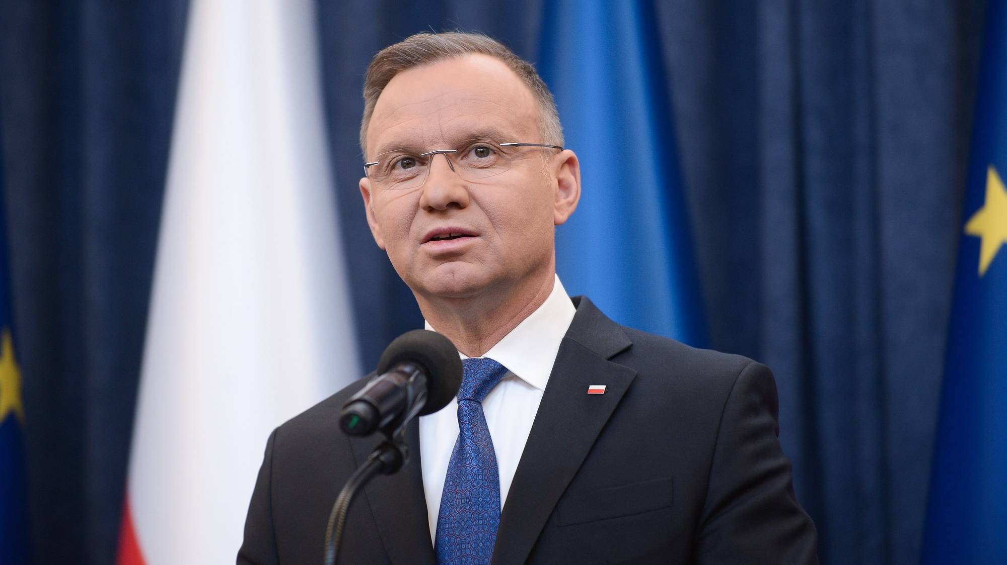 epa11067304 Polish President Andrzej Duda gives a statement, at the Presidential Palace in Warsaw, Poland, 10 January 2024, after Warsaw Police Headquarters confirmed the detention of Mariusz Kaminski and Maciej Wasik at the Presidential Palace yesterday. The former head of the CBA and former interior minister and his former deputy were sentenced last December 20 to two years in prison for abuse of power when they led an anti-corruption office in 2007.  EPA/Marcin Obara POLAND OUT