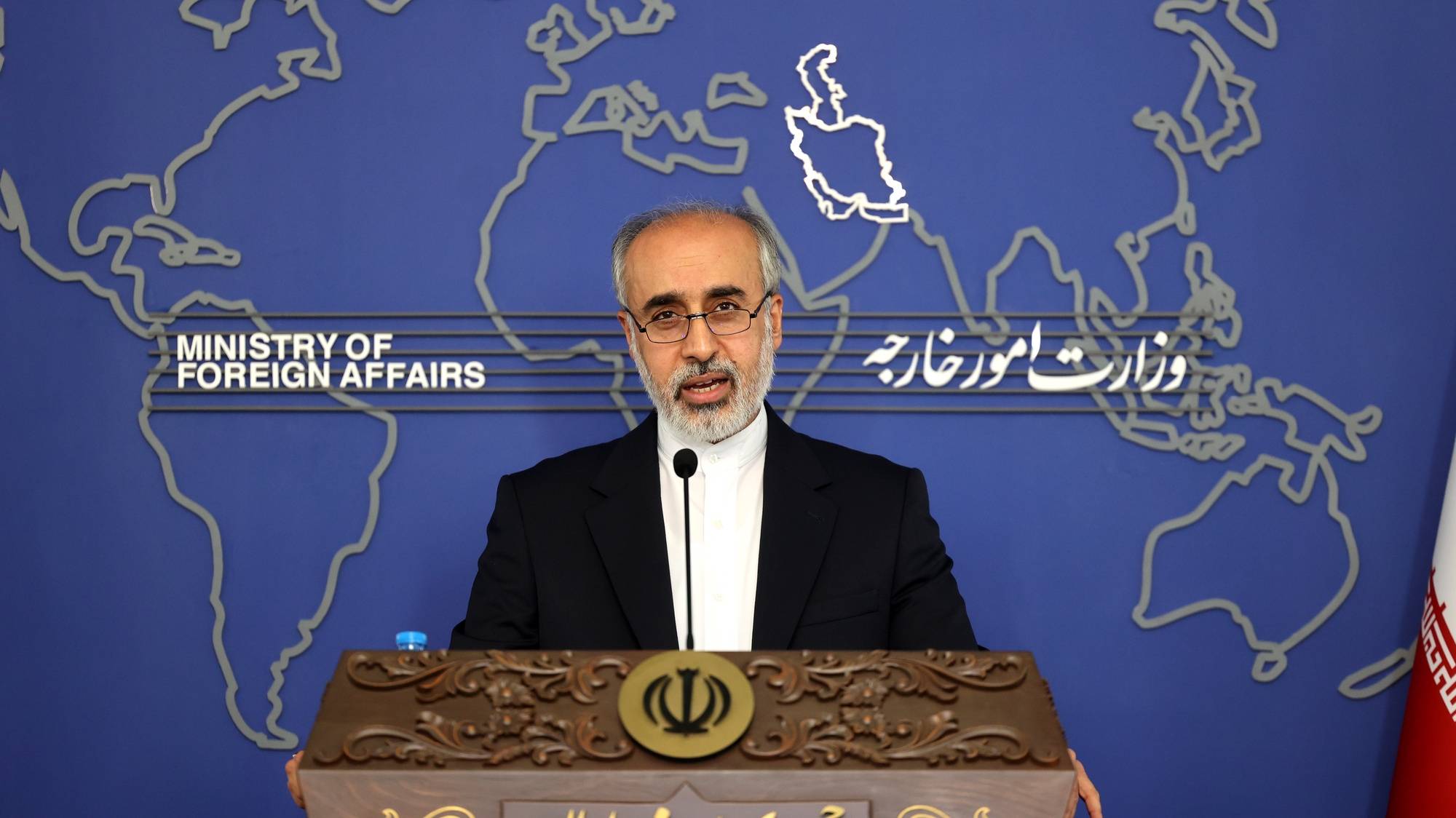 epa10068246 Iran&#039;s newly-appointed Foreign Ministry spokesman Nasser Kanani speaks during his first press conference in Tehran, Iran, 13 July 2022. According to Iranian foreign ministry, Kanani said that the nuclear talks are under way and the time and place for the next round will be announce soon.  EPA/AREF TAHERKENAREH