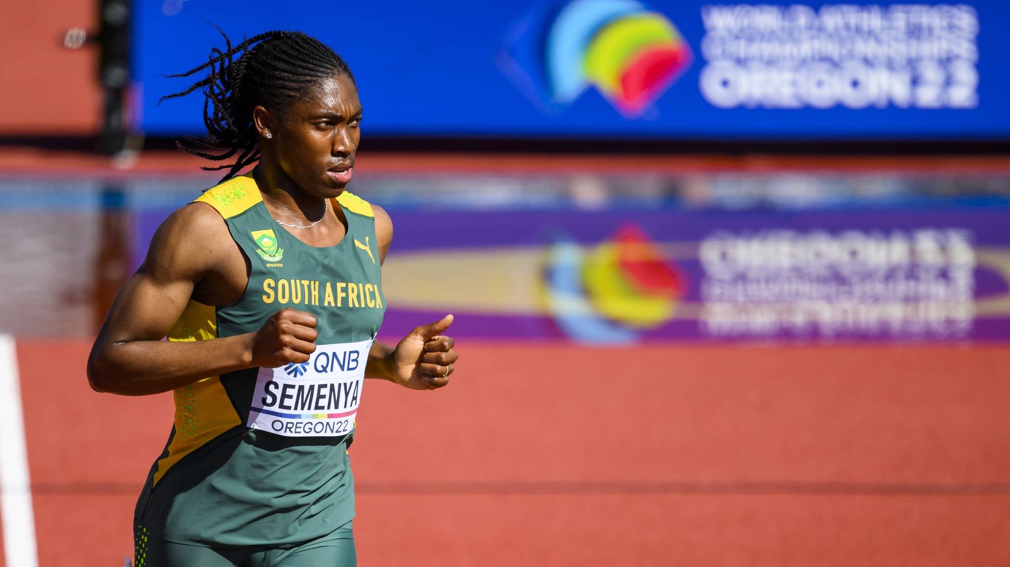 epa10083156 Caster Semenya of South Africa competes in the women&#039;s 5,000 meter qualification, during the IAAF World Athletics Championships, at Hayward Field stadium, in Eugene, Oregon, USA, 20 July 2022.  EPA/JEAN-CHRISTOPHE BOTT