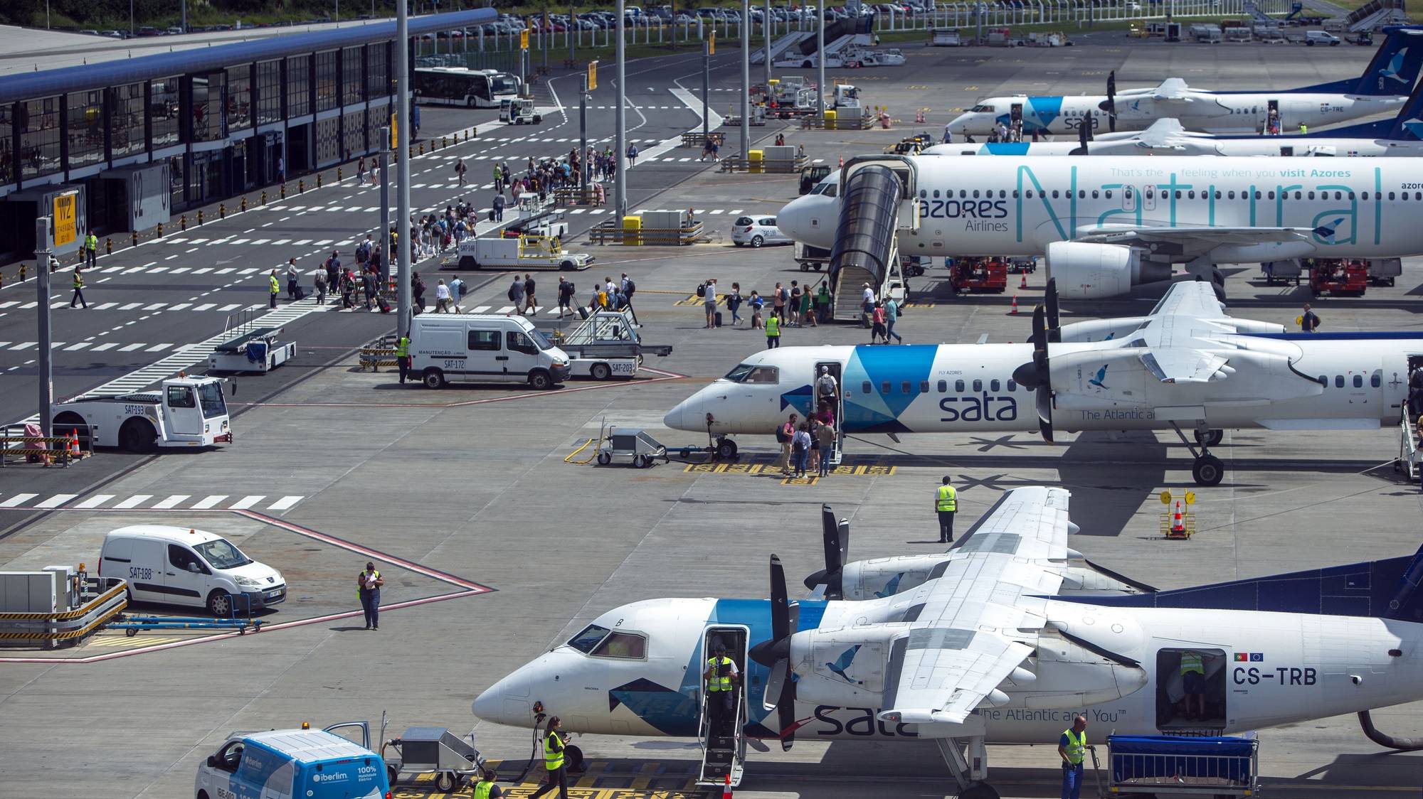 Aviões da Azores Airlines, no Aeroporto João Paulo II em Ponta Delgada, Açores, 11 de outubro de 2023. A privatização dos consórcios interessados na empresa da SATA apresentaram novas ofertas de 7,026 euros e 6,60 euros por ação. Decisão final será tomada até ao início de Outubro. EDUARDO COSTA/LUSA