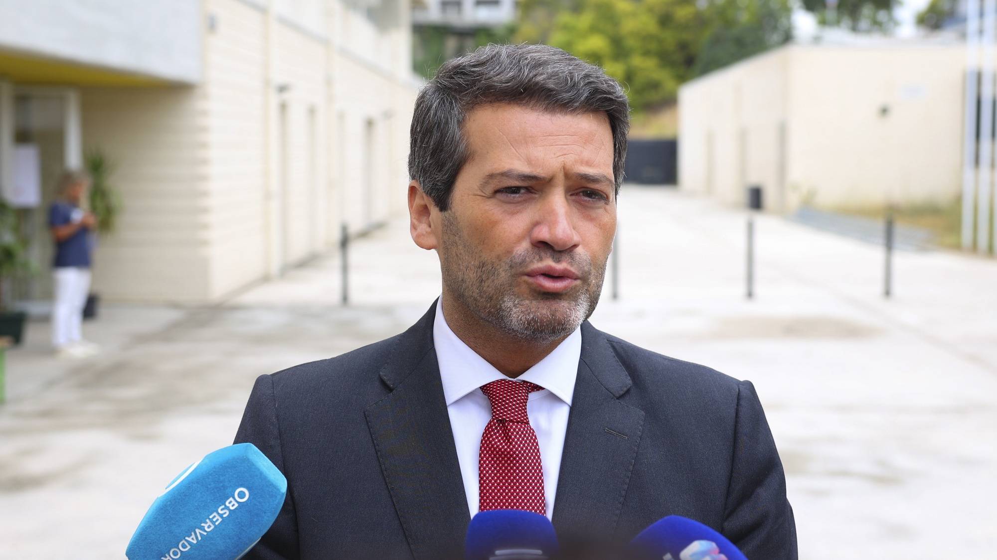 epa11399592 Chega (CH) President Andre Ventura speaks to the media after casting his ballot for the European Elections at a polling station in Lisbon, Portugal, 09 June 2024. More than 10.8 million registered voters in Portugal and abroad go to the polls on 09 June to choose 21 of the European Parliament&#039;s 720 members.  EPA/ANTONIO COTRIM