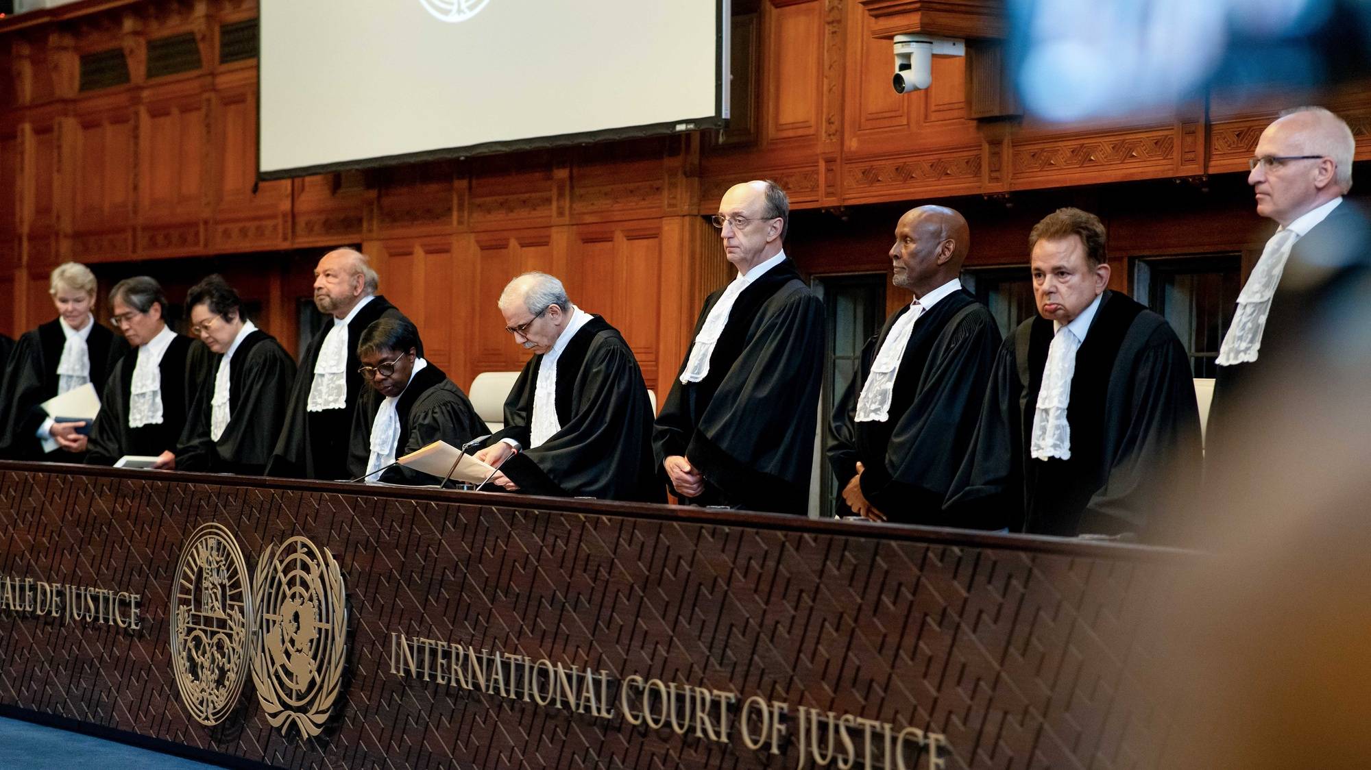 epa11487549 The panel of judges, with President Nawaf Salam (C), at the International Court of Justice in The Hague, the Netherlands, during a non-binding ruling on the legal consequences of the Israeli occupation of the West Bank and East Jerusalem, 19 July 2024. The ICJ advises that Israel&#039;s settlement policy is in violation of international law.  EPA/LINA SELG