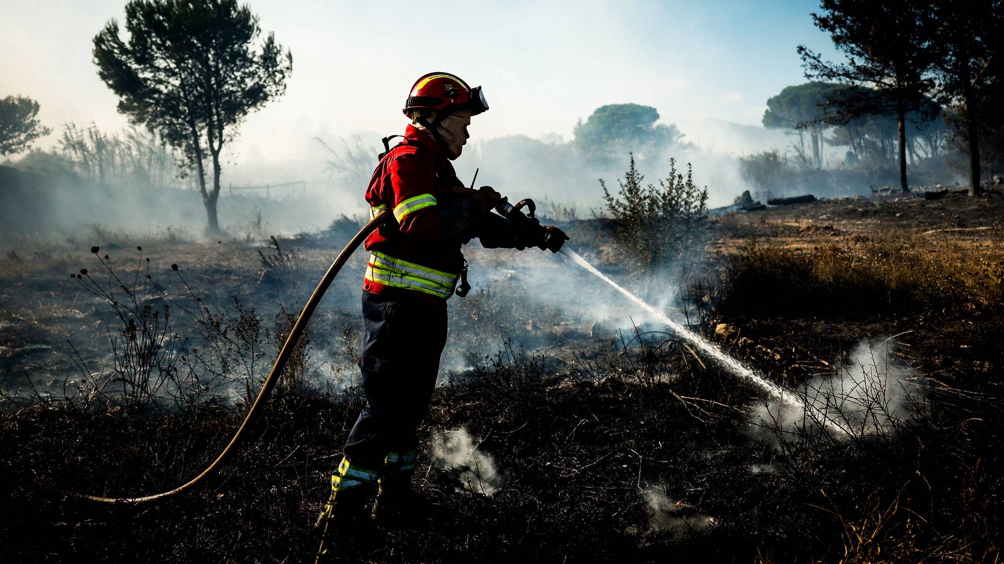 Um bombeiro durante um incêndio que deflagrou hoje em zona de mato por volta das 12:20, em Alcabideche, no concelho de Cascais, Lisboa, de acordo com a Proteção Civil, 21 de julho de 2024. Segundo a página da Autoridade Nacional de Emergência e Proteção Civil (ANEPC), consultada às 18:30, 374 bombeiros, 110 veículos e 10 meios aéreos combatiam o incêndio no local. ANTÓNIO PEDRO SANTOS/LUSA