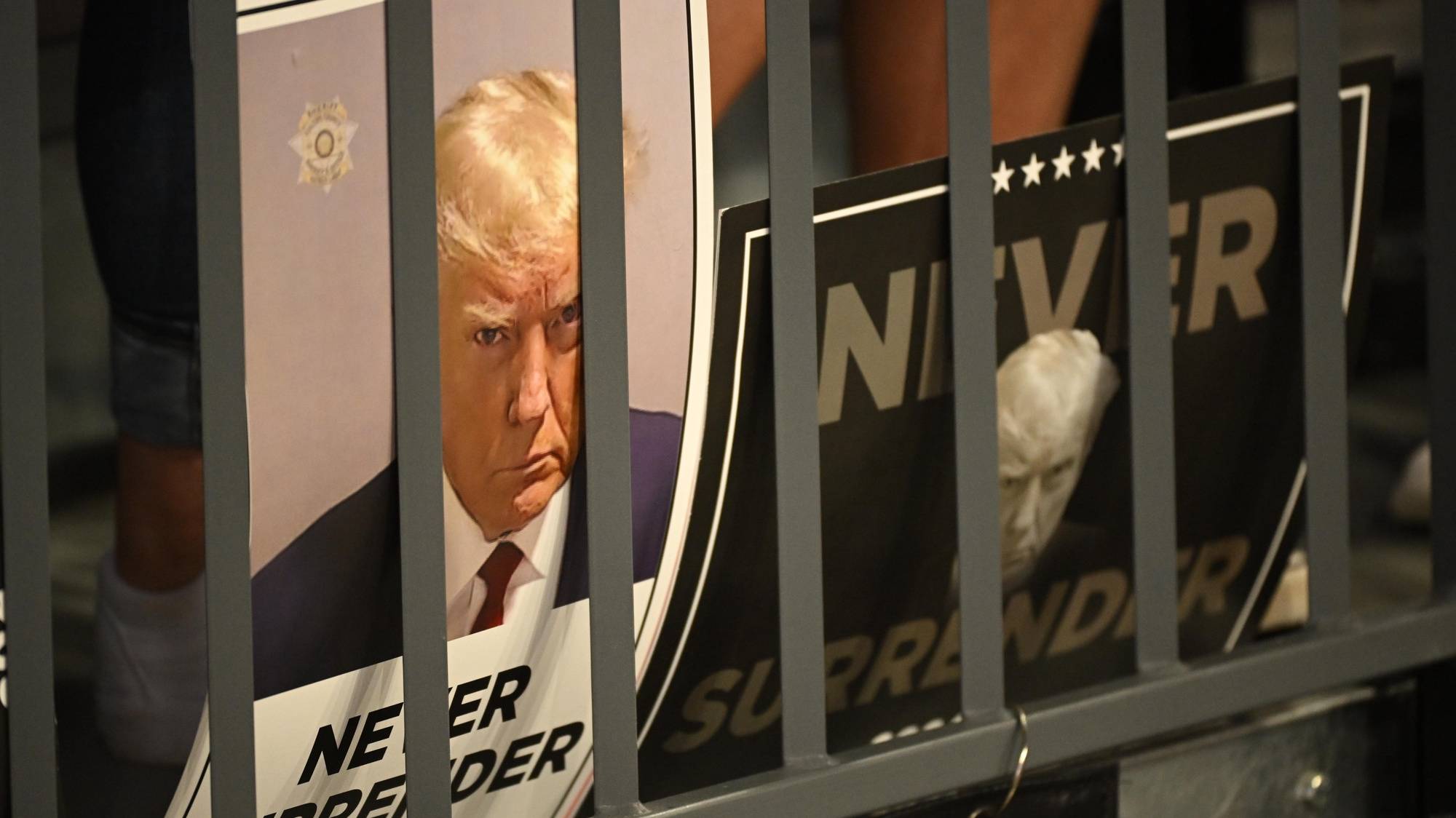 epa11523833 Campaign signs are seen during a rally for Republican presidential candidate Donald J. Trump at the Georgia State Convocation Center in Atlanta, Georgia, USA, 03 August 2024.  EPA/EDWARD M. PIO RODA