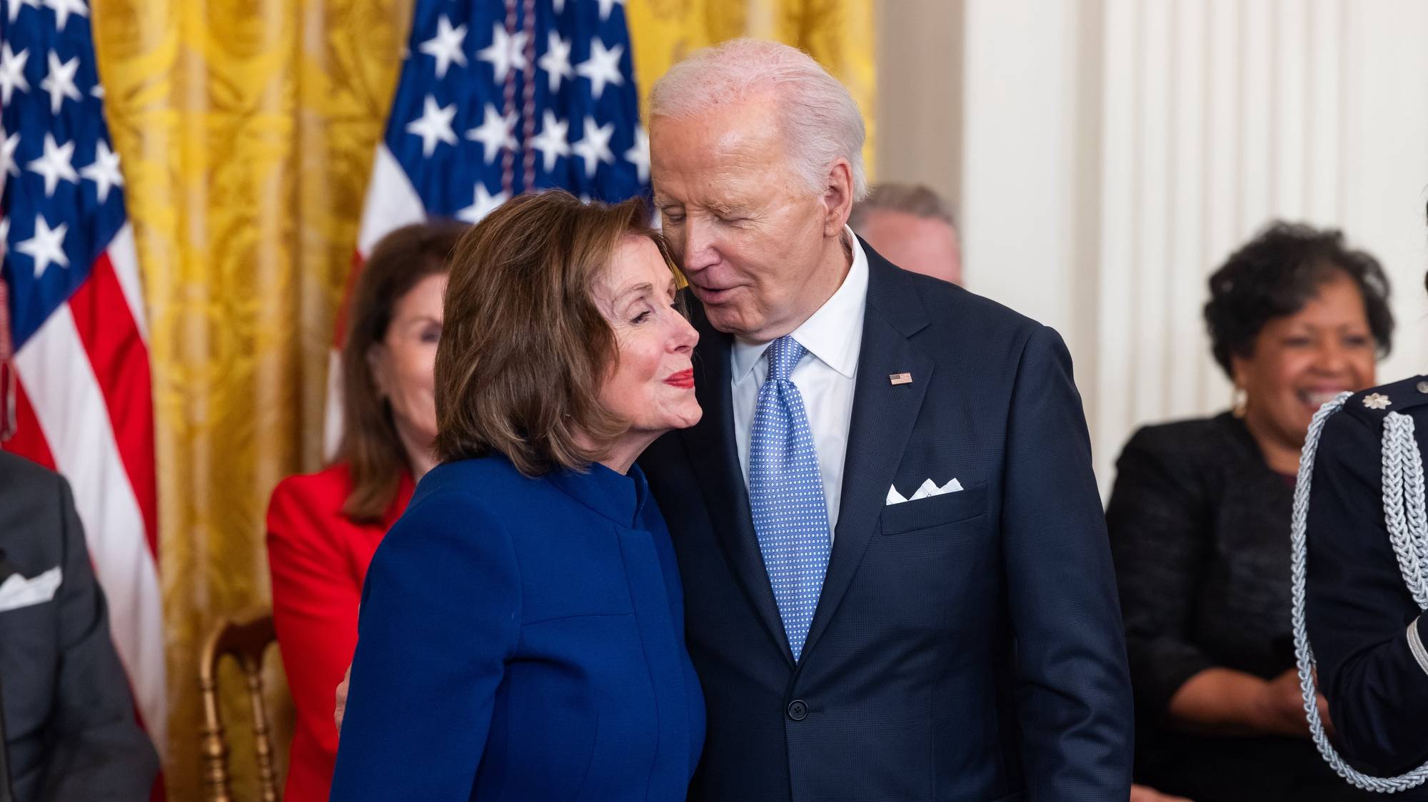 epa11317419 US President Joe Biden (R) awards the Presidential Medal of Freedom to former Speaker of the House Nancy Pelosi (L) during a ceremony in the East Room of the White House in Washington, DC, USA, 03 May 2024. Biden awarded the Presidential Medal of Freedom, the nation&#039;s highest civilian honor, to 19 recipients.  EPA/JIM LO SCALZO