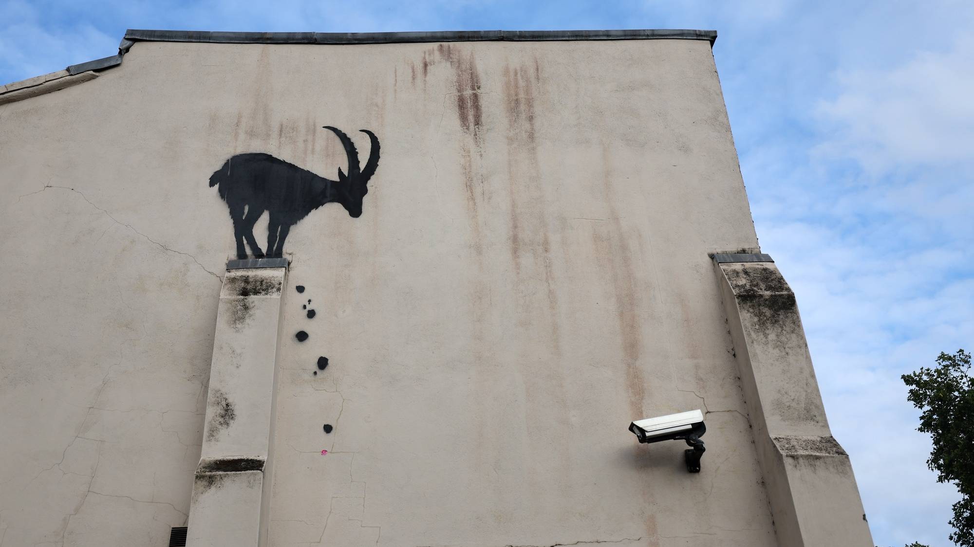 epa11528502 A new artwork depicting a goat by British anonymous street artist Banksy on the side of a home in Kew, south west London, Britain, 05 August 2024. Banksy posted a picture of the artwork on his his social media account.  EPA/ANDY RAIN