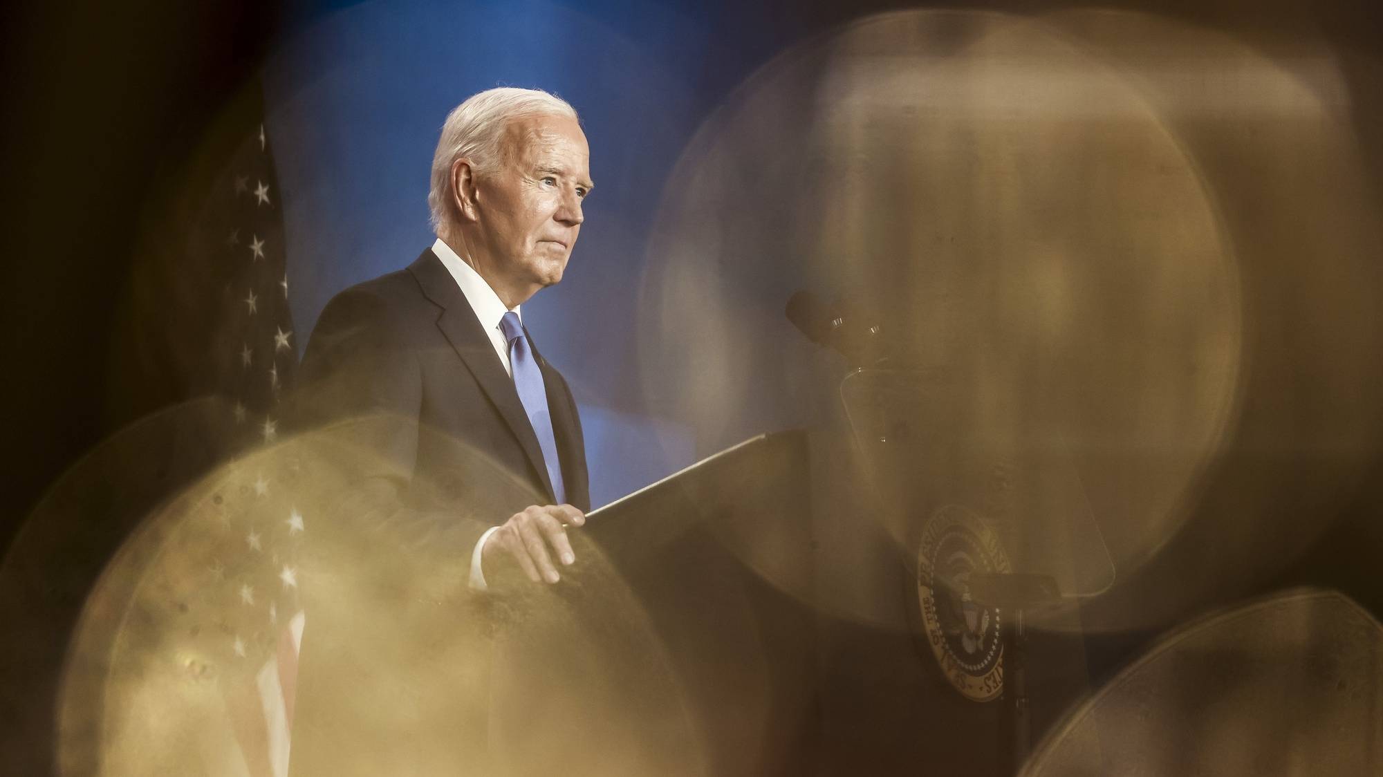 epa11473519 US President Joe Biden speaks during a press conference on the sidelines of the 75th Anniversary of the North Atlantic Treaty Organization (NATO) Summit at the Walter E. Washington Convention Center in Washington, DC, USA, 10 July 2024. President Biden is under increasing pressure from Democrats to step aside as the party’s presidential candidate.  EPA/JIM LO SCALZO