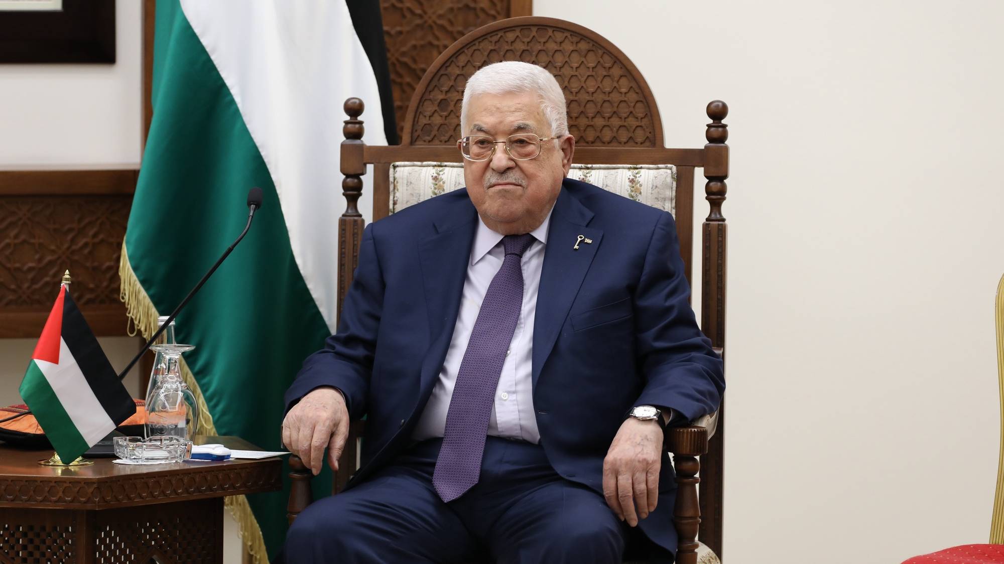 epa10959002 Palestinian President Mahmoud Abbas looks on during a meeting with US Secretary of State Antony Blinken (not pictured) in the West Bank city of Ramallah, 05 November 2023. Blinken travels to Ramallah following a visit to Tel Aviv and Amman, where he had talks on the Israel-Hamas conflict, including efforts to secure the immediate release of hostages and humanitarian assistance entering Gaza, the US State Department said.  EPA/ALAA BADARNEH / POOL