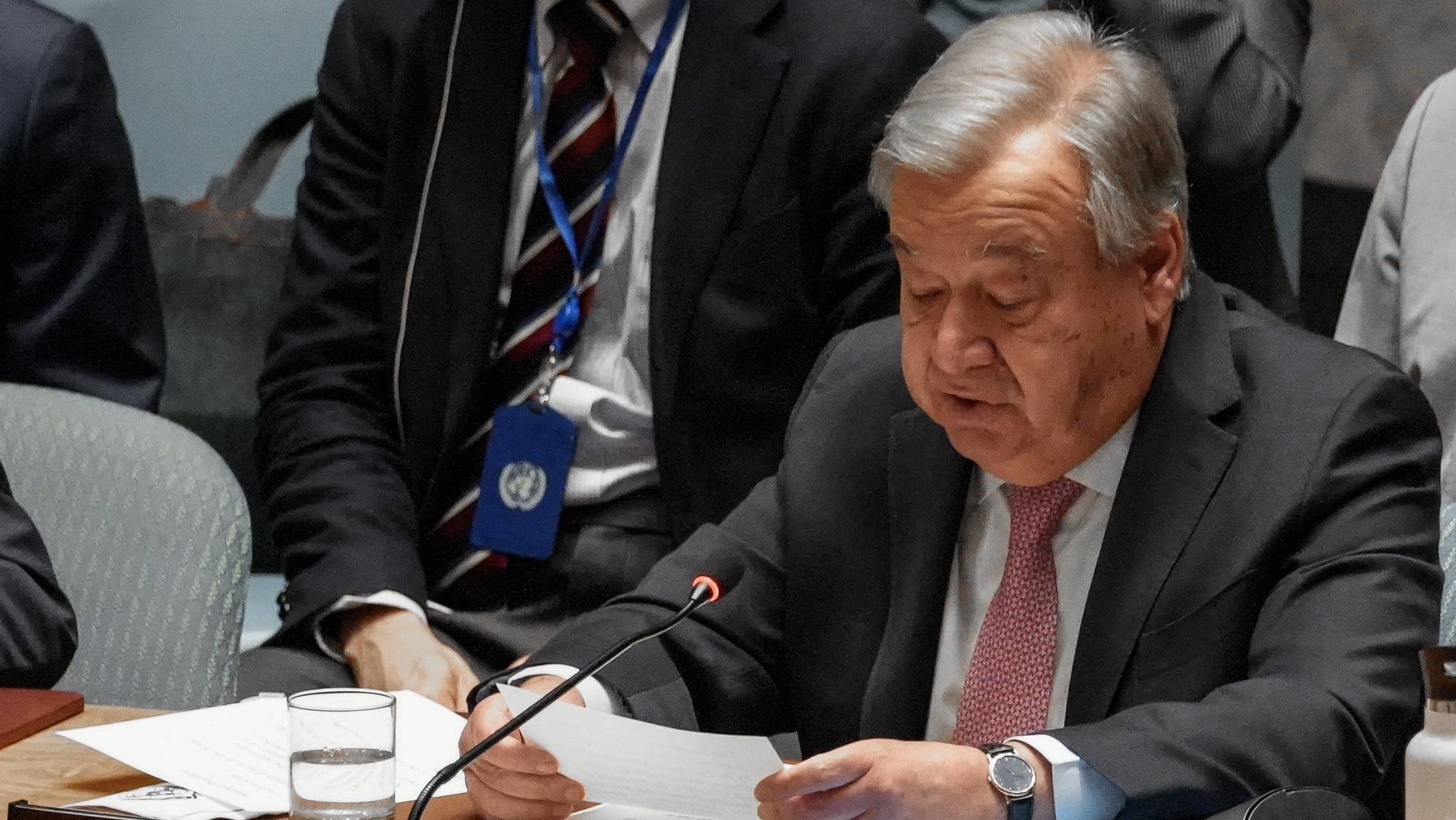 epa11279337 United Nations Secretary General Antonio Guterres reads a speech to members of Security Council as they attend a meeting on the situation in the Middle East at the United Nations headquarters in New York, New York, U.S. on 14 April 2024. The State of Israel called for the meeting following a barrage of drone and missile attacks by the Islamic Republic of Iran on 13 April.  EPA/STEPHANI SPINDEL