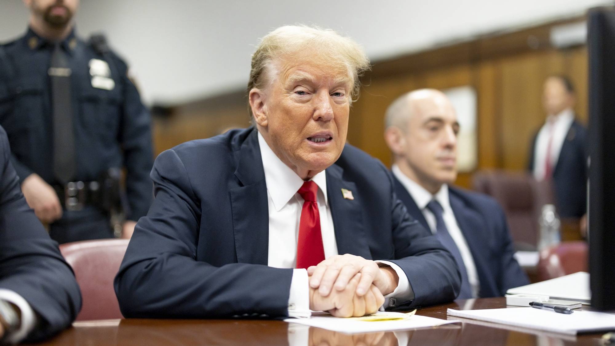 epa11375609 Former US President Donald Trump at the defendant’s table during his criminal trial at New York State Supreme Court in New York, New York, USA, 28 May 2024. Trump is facing 34 felony counts of falsifying business records related to payments made to adult film star Stormy Daniels during his 2016 presidential campaign.  EPA/JUSTIN LANE / POOL