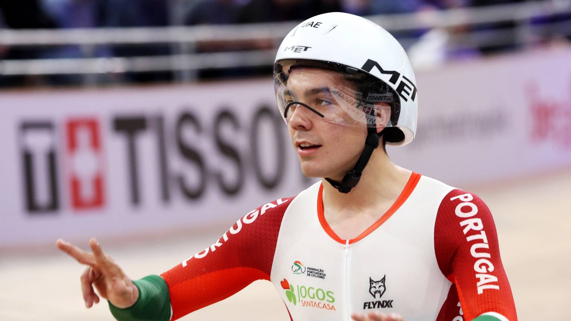 epa08253438 Iuri Leitao of Portugal gestures after the Men&#039;s Scratch Race at the UCI Track Cycling World Championships in Berlin, Germany, 27 February 2020.  EPA/FOCKE STRANGMANN