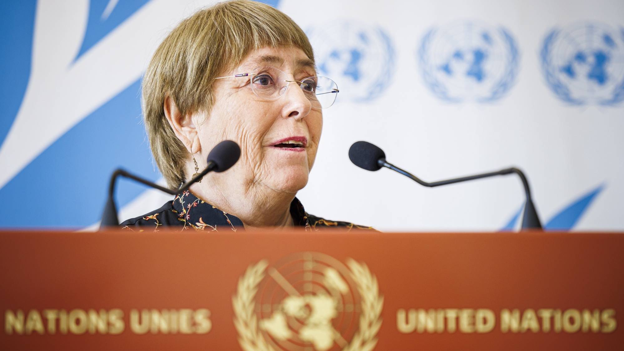 epa10010641 United Nations High Commissioner for Human Rights Michelle Bachelet addresses a press conference after announcing she would not seek a second mandate, during the opening day of the 50th session of the Human Rights Council at the European headquarters of the United Nations in Geneva, Switzerland, 13 June 2022.  EPA/VALENTIN FLAURAUD