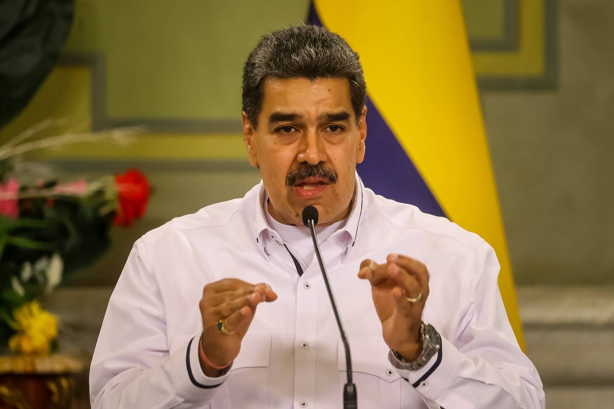 epa10983737 The president of Venezuela, Nicolas Maduro, participates during a meeting with the president of Colombia, Gustavo Petro (out of frame), in Caracas, Venezuela 18 November 2023. The president of Colombia, Gustavo Petro, arrived in Venezuela this 18 November to participate in the International Book Fair (Filven) and hold a private meeting with his Venezuelan counterpart, Nicolas Maduro, with whom he plans to talk about migration and the risks of a drought in the region.  EPA/MIGUEL GUTIERREZ