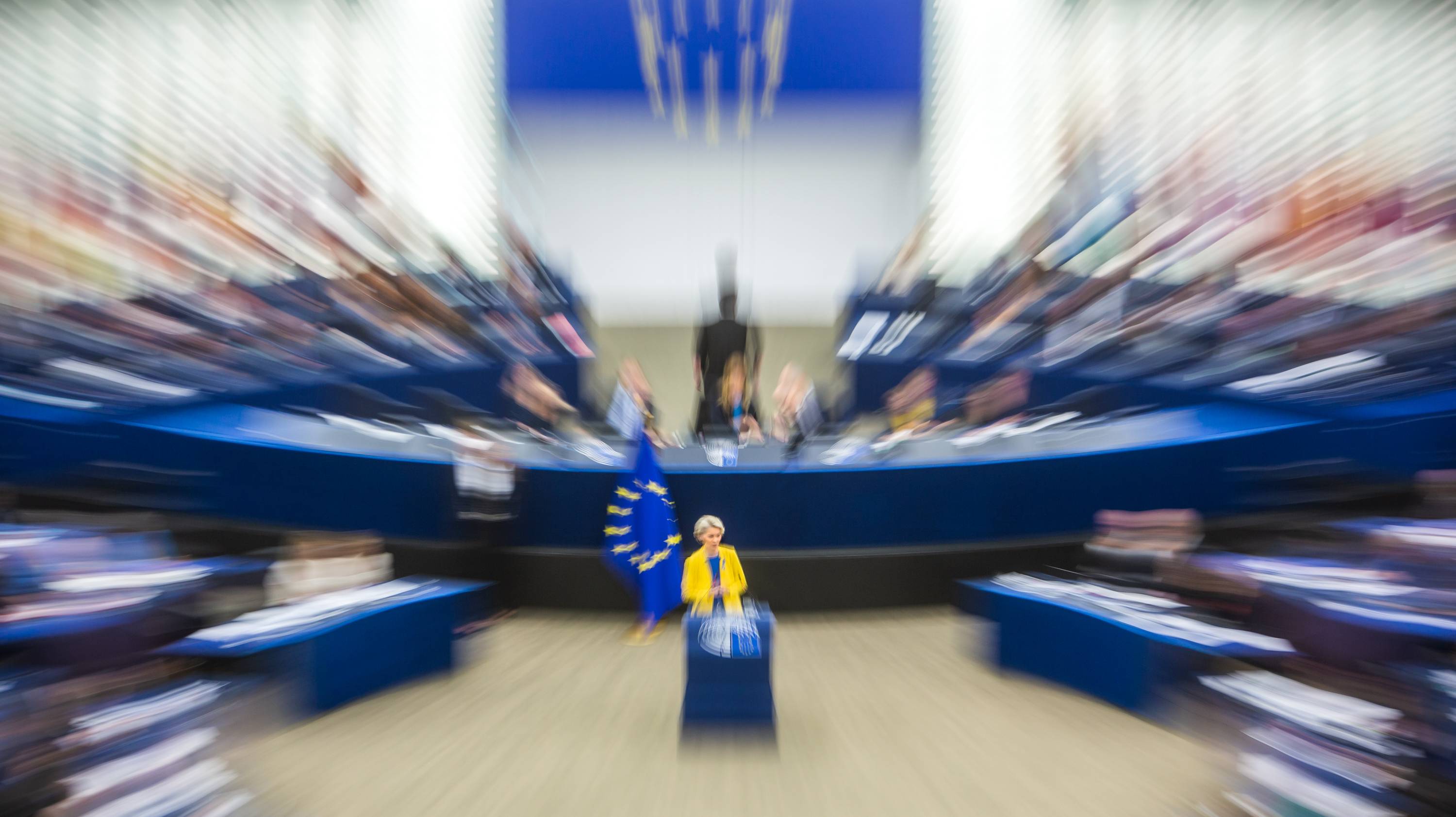 PARLAMENTO EUROPEU (PE): Estado da União: Discurso da Presidente da Comissão Europeia, Ursula von der Leyen a dar início ao debate sobre o Estado da União. Esteve presente durante todo o plenário, Olena Zenlenska, 1ª dama da Ucrânia que entrou no hemiciclo acompanhada de Roberta Metsola, presidente do PE e Ursula von der Leyen. 14 de Setembro de 2022 Parlamento Europeu, Estrasburgo TOMÁS SILVA/OBSERVADOR