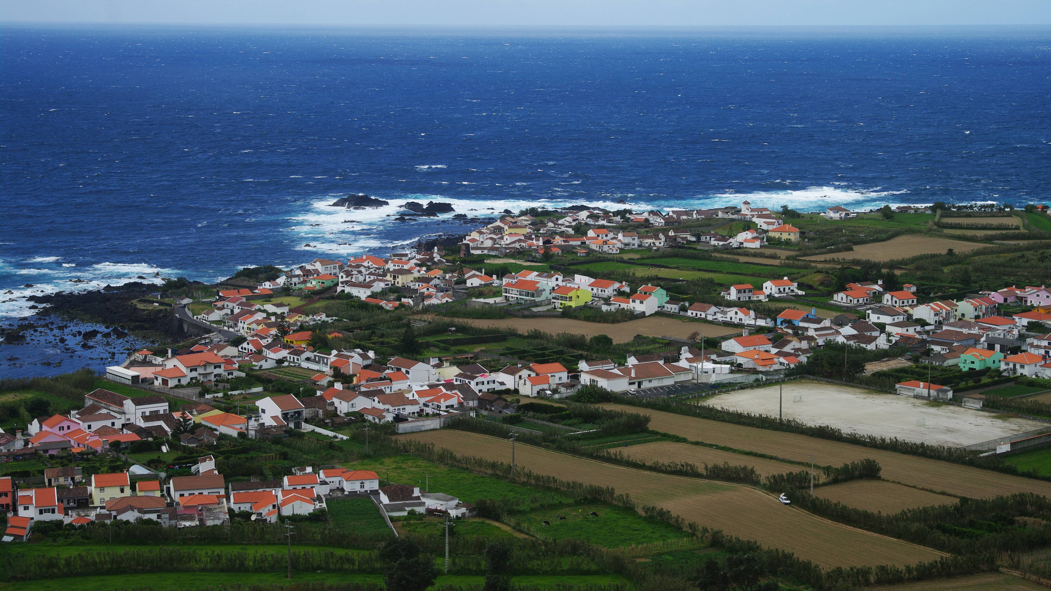 View of the coastal Mosteiros settlement from above the town, São Miguel