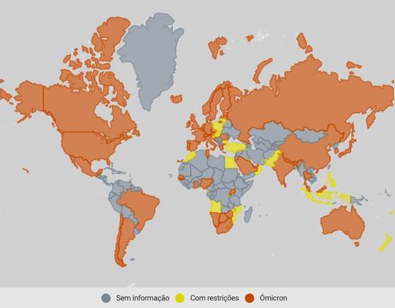 Mapa dos paÃ­ses que detetaram Ã“micron a 9 de dezembro de 2021