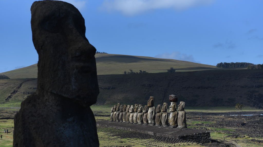A moai seen at ceremonial platform Ahu Tongariki at Rapa Nui
