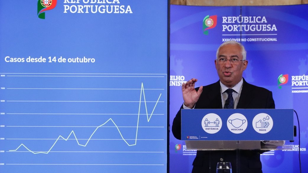 Portuguese Prime Minister Antonio Costa talks on a press conference to present the measures foreseen in the draft presidential decree of the state of emergency to fight the growing numbers of infections by Covid 19 in Portugal, in Ajuda Palace in Lisbon, Portugal, 08 November 2020. Portugal reached a new maximum daily number of covid-19 cases, accounting for another 6,640 infections in the last 24 hours and registering 56 deaths. TIAGO PETINGA/LUSA