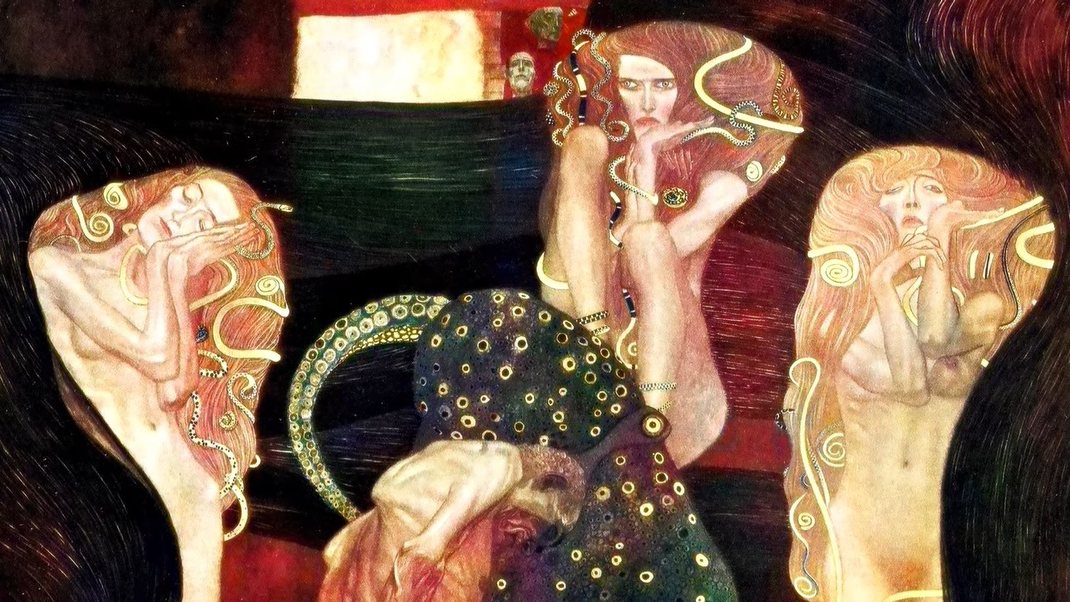 As &quot;serpentes douradas&quot; no cabelo da &quot;Jurisprudência&quot;, de Gustav Klimt, colorizadas pela Google