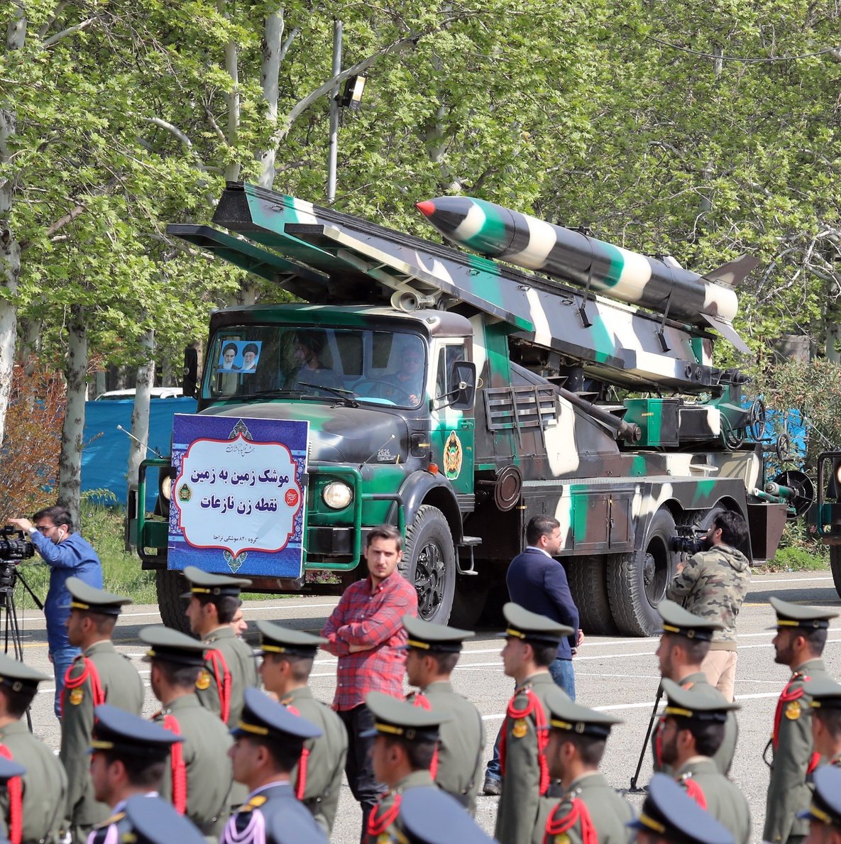 epa11283816 Iranian medium range missiles &#039;Nazeat&#039; are displayed during the annual Army Day celebration at a military base in Tehran, Iran, 17 April 2024. According to Iranian state media, Raisi described the recent attack launched towards Israel as &#039;limited&#039; and &#039;punitive&#039;, adding that any act of aggression against Iran will be dealt with a &#039;powerful and fierce&#039; response. Iran&#039;s Islamic Revolutionary Guards Corps (IRGC) launched drones and rockets towards Israel late on 13 April.  EPA/ABEDIN TAHERKENAREH