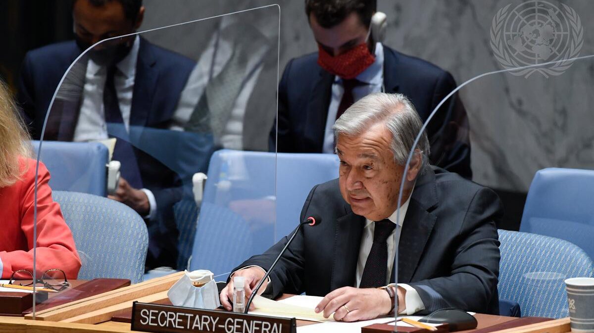 epa09416813 A handout photo made available by the United Nations showing United Nations Secretary-General Antonio Guterres addresses a UN Security Council meeting on the situation in Afghanistan at United Nations Headquarters in New York, New York, USA, 16 August 2021.  EPA/MANUEL ELIAS / UNITED NATIONS PHOTO HANDOUT  HANDOUT EDITORIAL USE ONLY/NO SALES