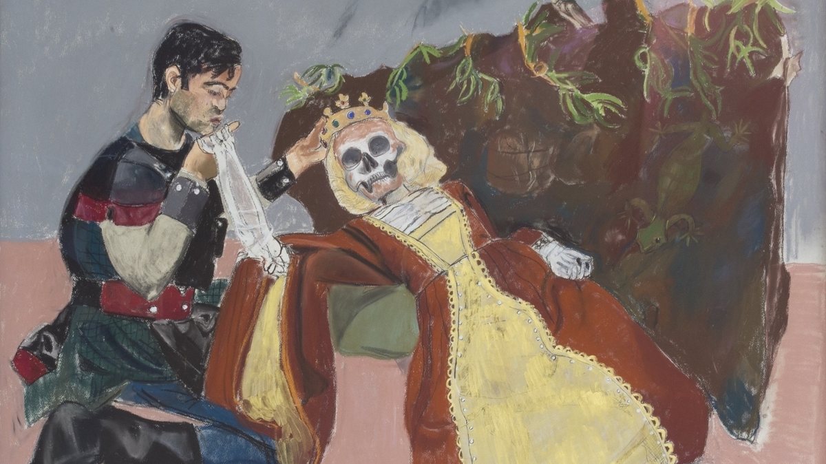 No quadro é possível ver um homem, o rei de Portugal Pedro I, a beijar a mão de um esqueleto vestido de forma extensiva enquanto segura uma coroa sobre a cabeça de Inês de Castro