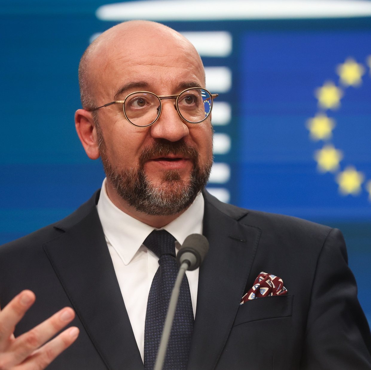 epa11286734 European Council President Charles Michel speaks during a special meeting of the European Council in Brussels, Belgium, 18 April 2024. EU leaders gather in Brussels for a two-day summit to discuss the economy and competitiveness, among other issues.  EPA/OLIVIER HOSLET