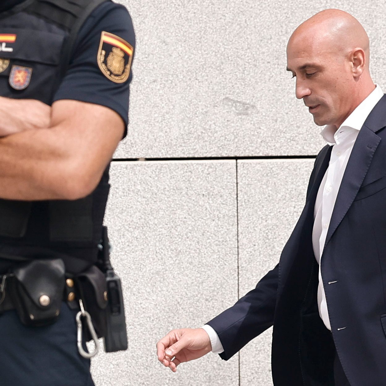 epa11246837 (FILE) Spanish former Royal Spanish Football Federation (RFEF) chief Luis Rubiales leaves the National Court in Madrid, Spain, 15 September 2023 (reissued 27 March 2024). On 27 March 2024, the Spanish Public Prosecutor Office asked for a two-year and half jail sentence against Rubiales for the non-consensual kiss to Jenni Hermoso and the alleged pressure to which she was subjected.  EPA/SERGIO PEREZ