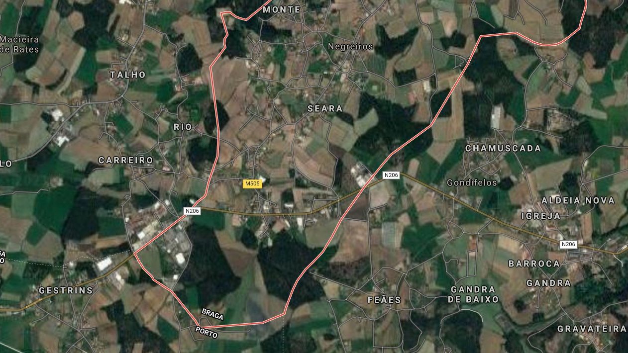 O acidente aconteceu na Estrada Nacional 206 (que atravessa horizontalmente o mapa), na freguesia de Negreiros (delimitada a vermelho), em Barcelos