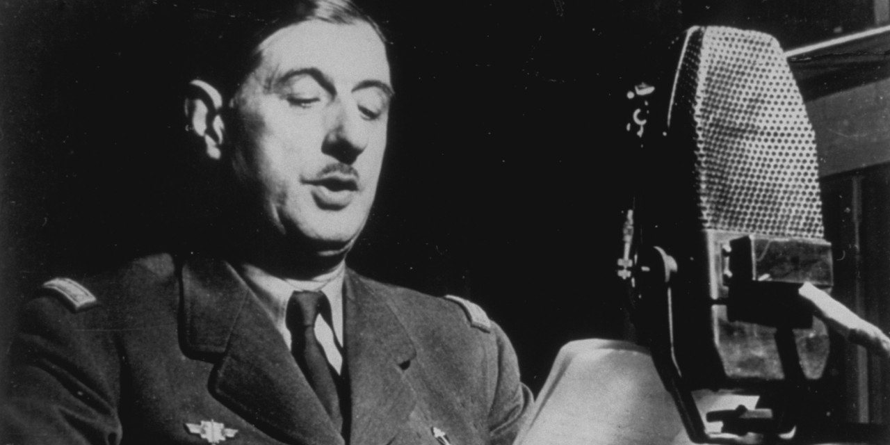 General Charles de Gaulle (1890 - 1970) in London delivering his historical speech asking French people to fight Germany in spite of the Truce signed by Marchall Petain with Hitler. (Photo by Hulton Archive/Getty Images)